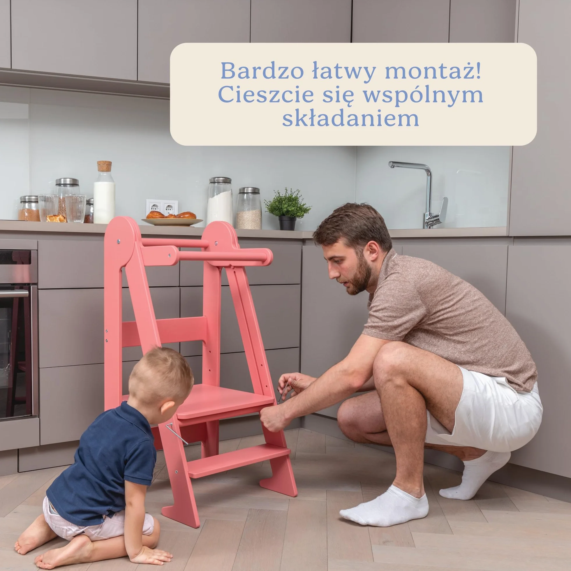 TOYBOX Wieża Edukacyjna Montessori Składany Pomocnik Kuchenny z Poręczą Naturalne Drewno