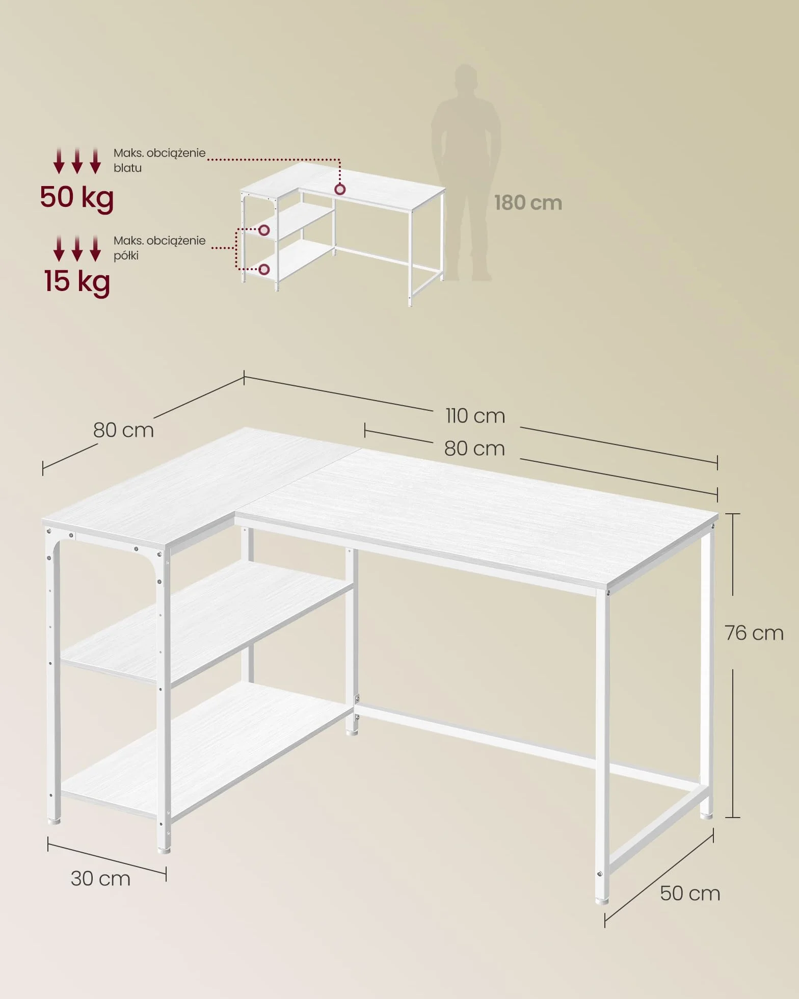 VASAGLE Biurko narożne w kształcie litery L 110 x 80 cm klon biały LWD135WF01