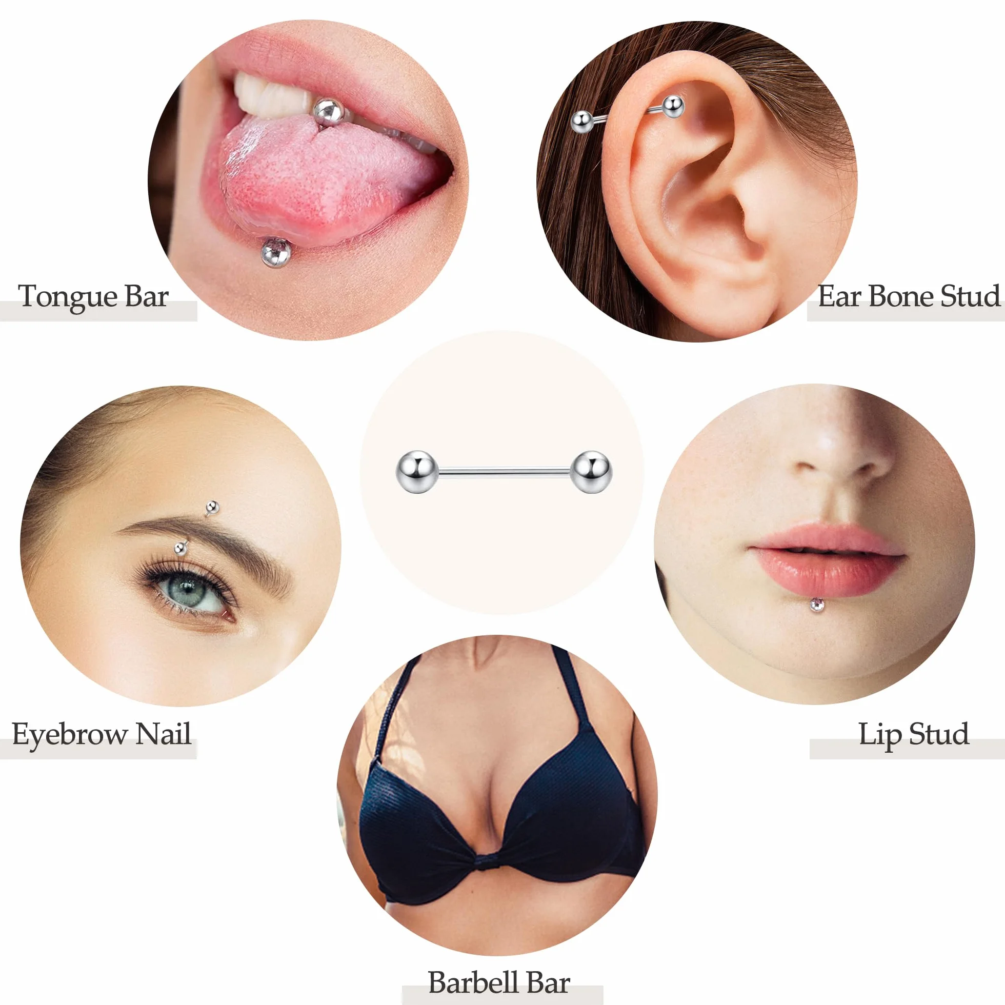 CASSIECA 12 szt., 14 g, piercing, do języka, dla kobiet, sutki, stal nierdzewna, srebro, język, sztanga, biżuteria