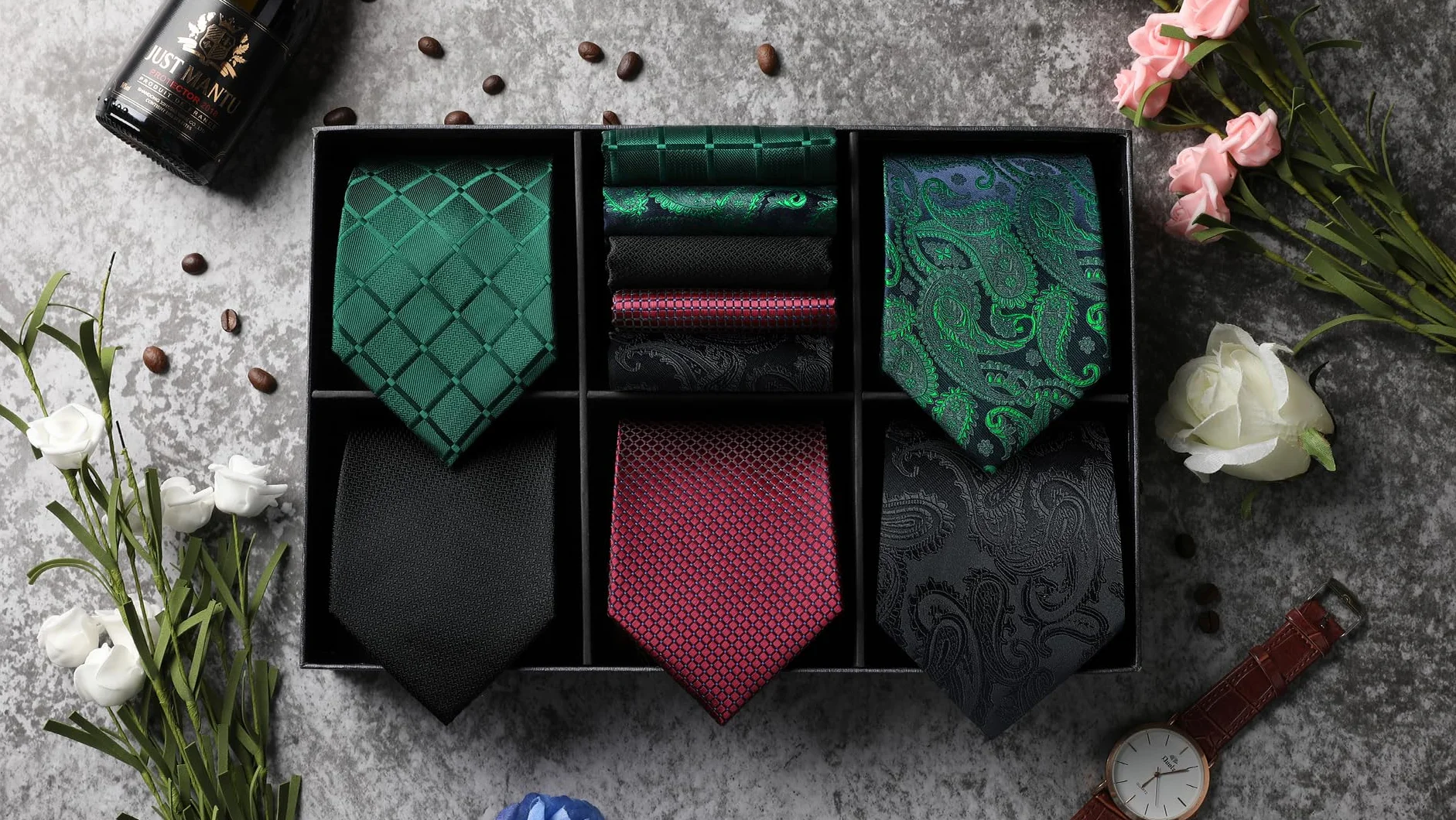 HISDERN Zestaw 5 sztuk klasycznego, formalnego, eleganckiego męskiego jedwabnego krawata z poszetką