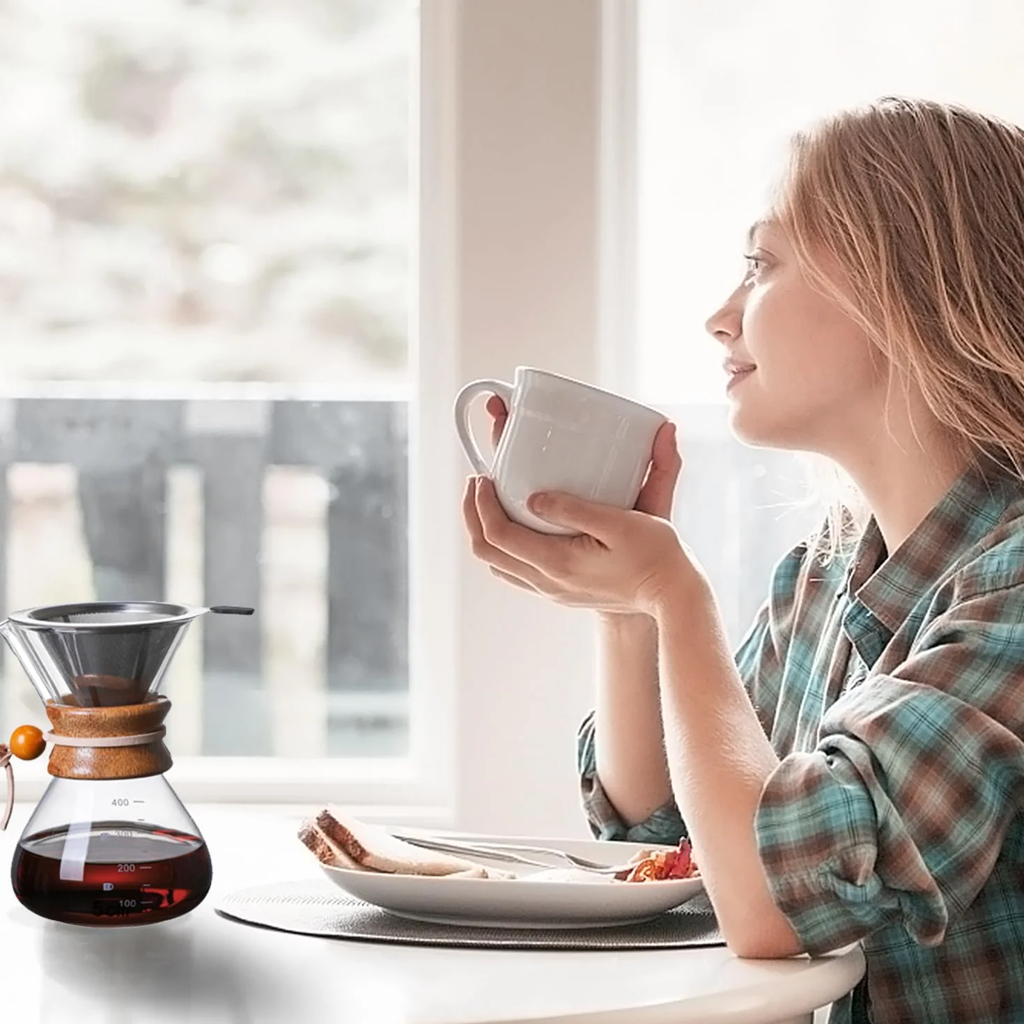Tissting Pour Over ekspres do kawy 400 ml z karafką i filtrem ręcznym ze stali nierdzewnej – stały filtr ze szkła na 1-2 filiżanki