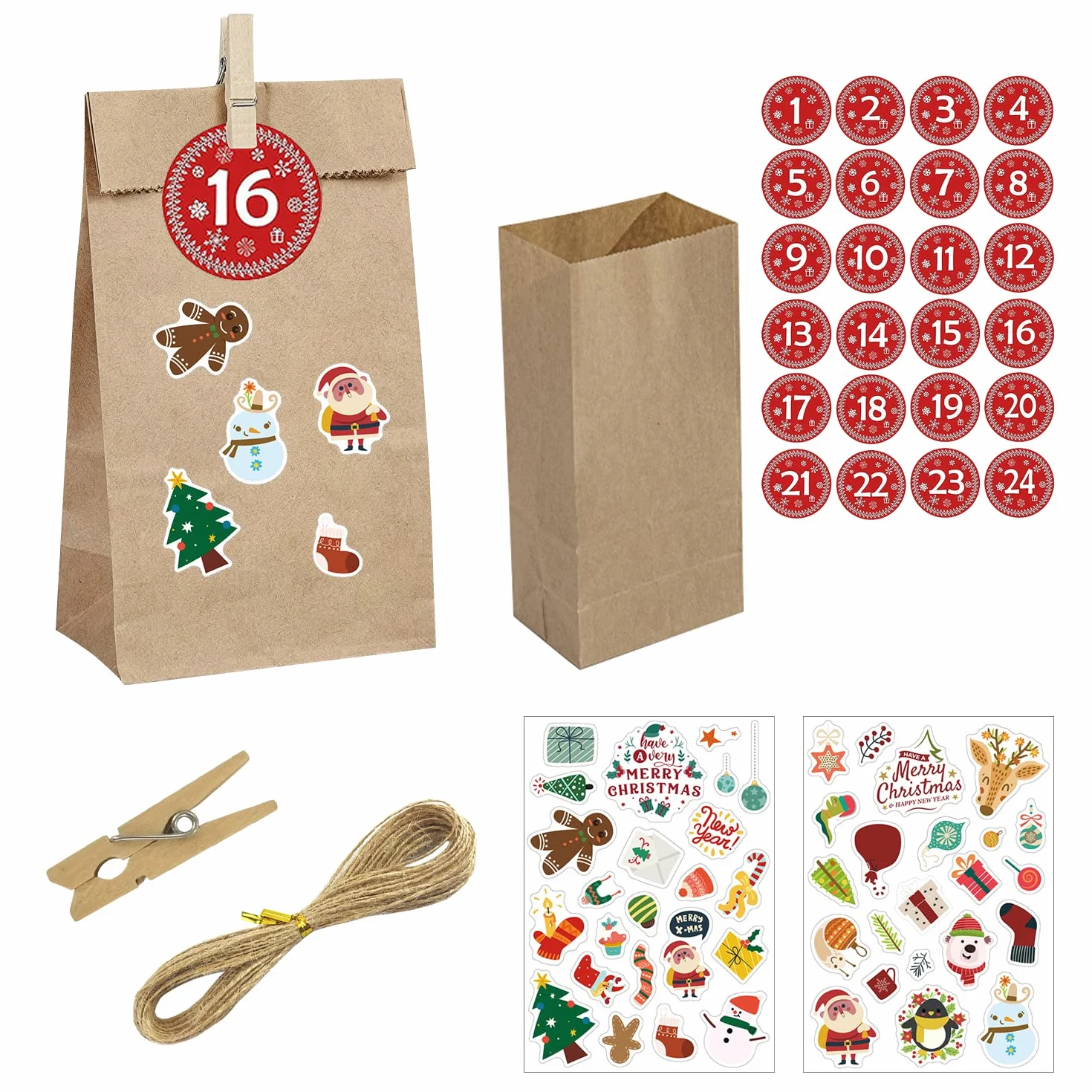 Naklejki do kalendarza adwentowego wielokrotnego użytku 24 torebki papier kraft DIY