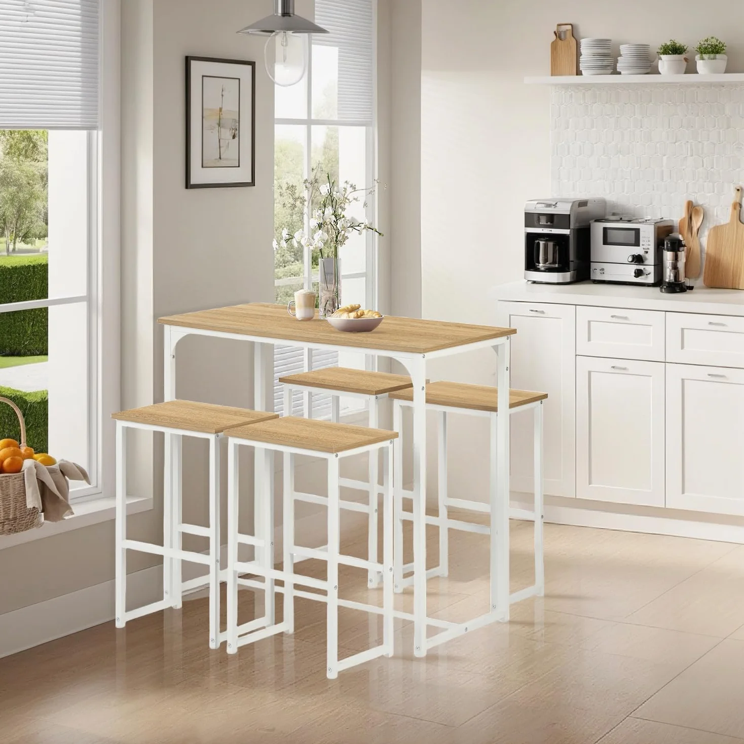 Stół barowy z zestawem stołków barowych, stół kuchenny z 4 taboretami, styl industrialny, nadaje się do kuchni, jadalni, salonu, pubu, stół barowy 100 x 50 x 90 cm, 4 stołki barowe 30 x 40 x