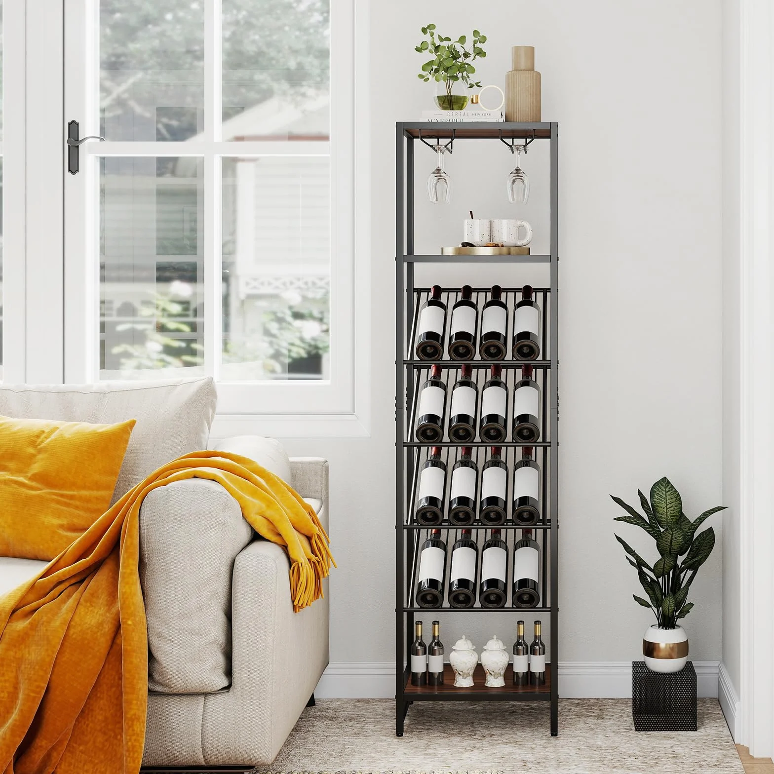 COSTWAY Regał na wino metalowy stojak na 16 butelek z uchwytami na szklanki czarny