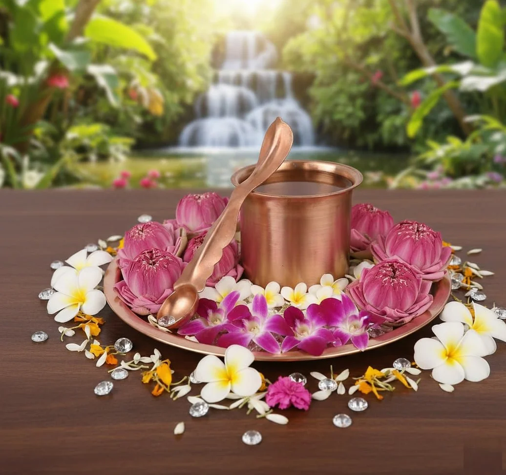 BRACOP® Czysty miedziany garnek Lota Kalash Hindu Panch Patra z okrągłym talerzem Łyżka Havan Indyjskie akcesoria do Pooja Ręcznie robiony kubek do serwowania Miedziane przybory domowe świątyni