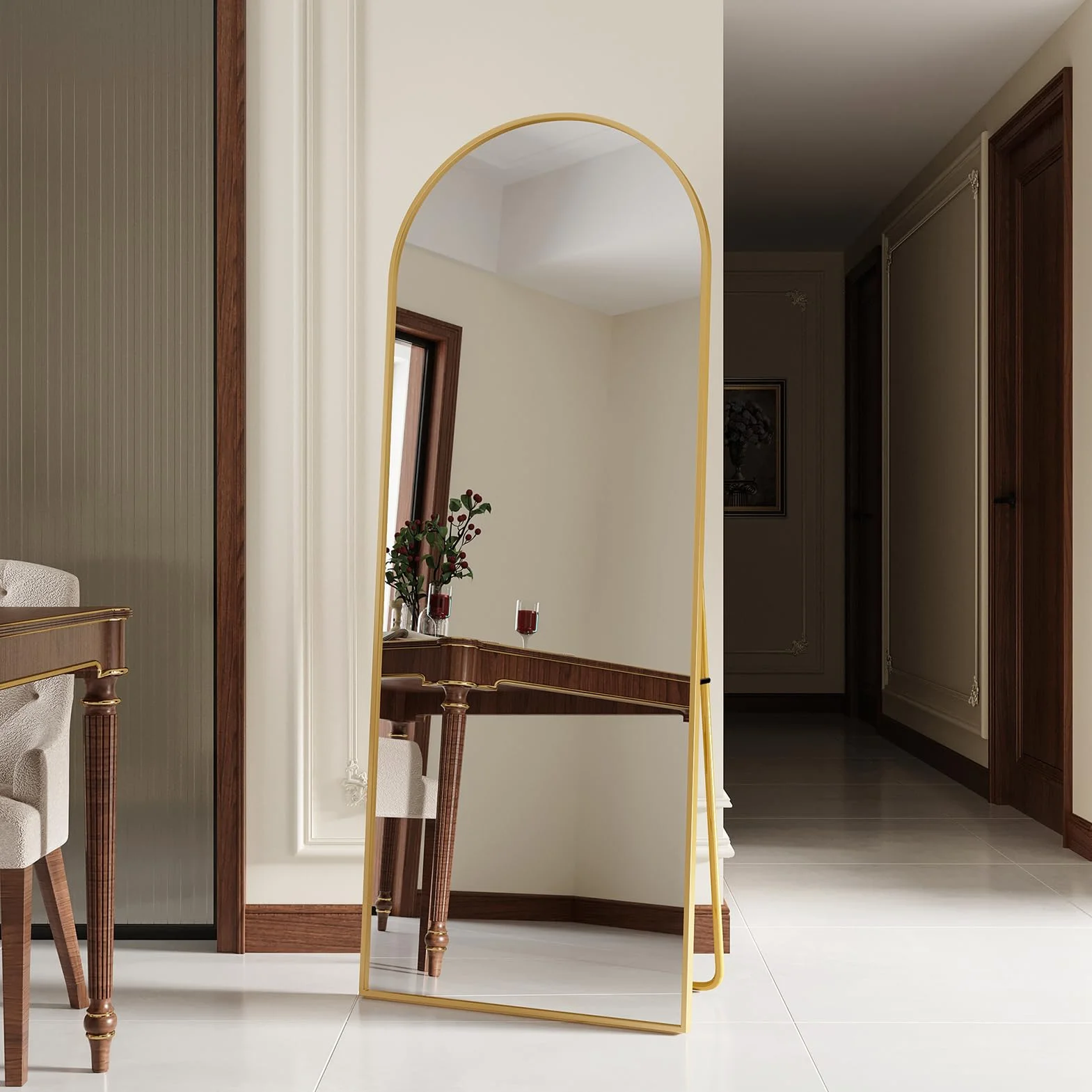 Lustro stojące 160x60 cm rama ze stopu aluminium szkło hartowane złote półokrągłe