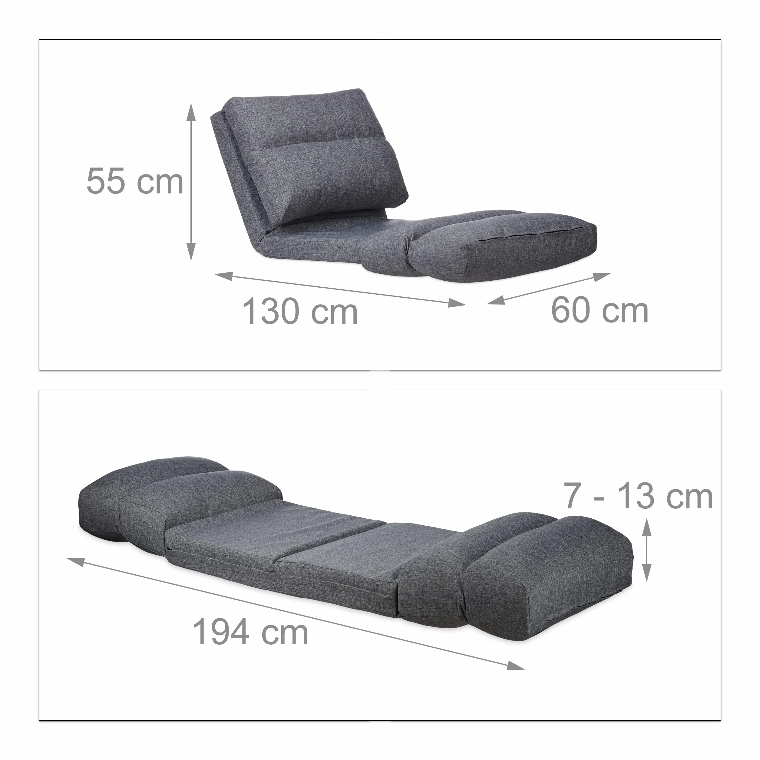 Relaxdays Składana poduszka na leżak, regulowane oparcie, 194 cm, szara