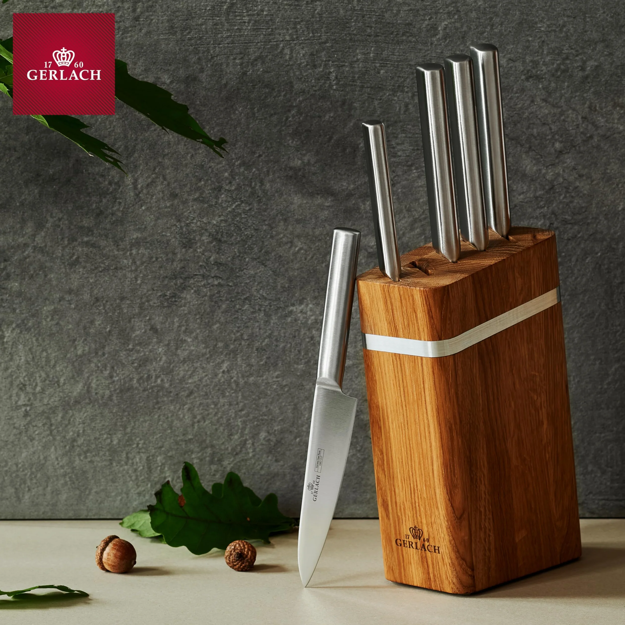 Gerlach Ambiente Oak NK997 Zestaw Noży w Bloku, Srebrny/Brązowy, 5 elementów