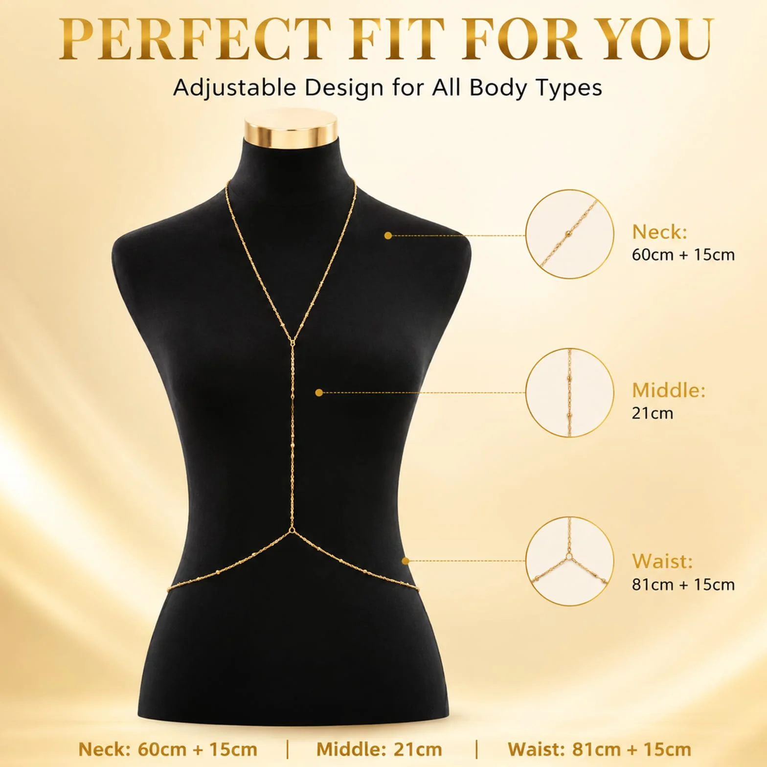 Gold Plated Body Chain for Women, Adjustable Rhinestone Layered Belly & Waist Chain, Sexy Back Jewelry for Beach Vacation