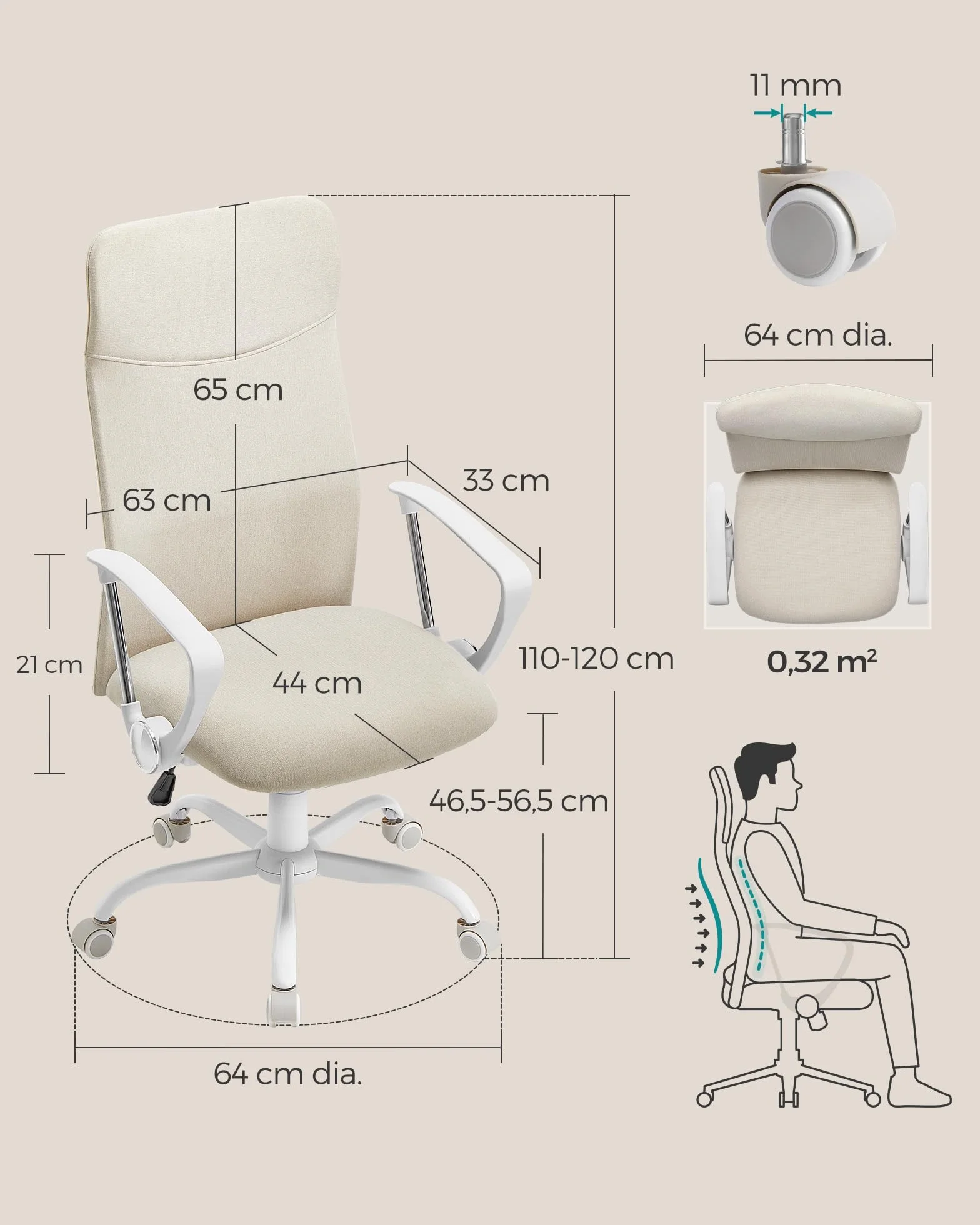 SONGMICS Fotel biurowy, ergonomiczne krzesło, obrotowe siedzisko, wyściełane siedzisko, regulacja wysokości i nachylenie, nośność 120 kg, beżowy Cappuccino OBN034K01