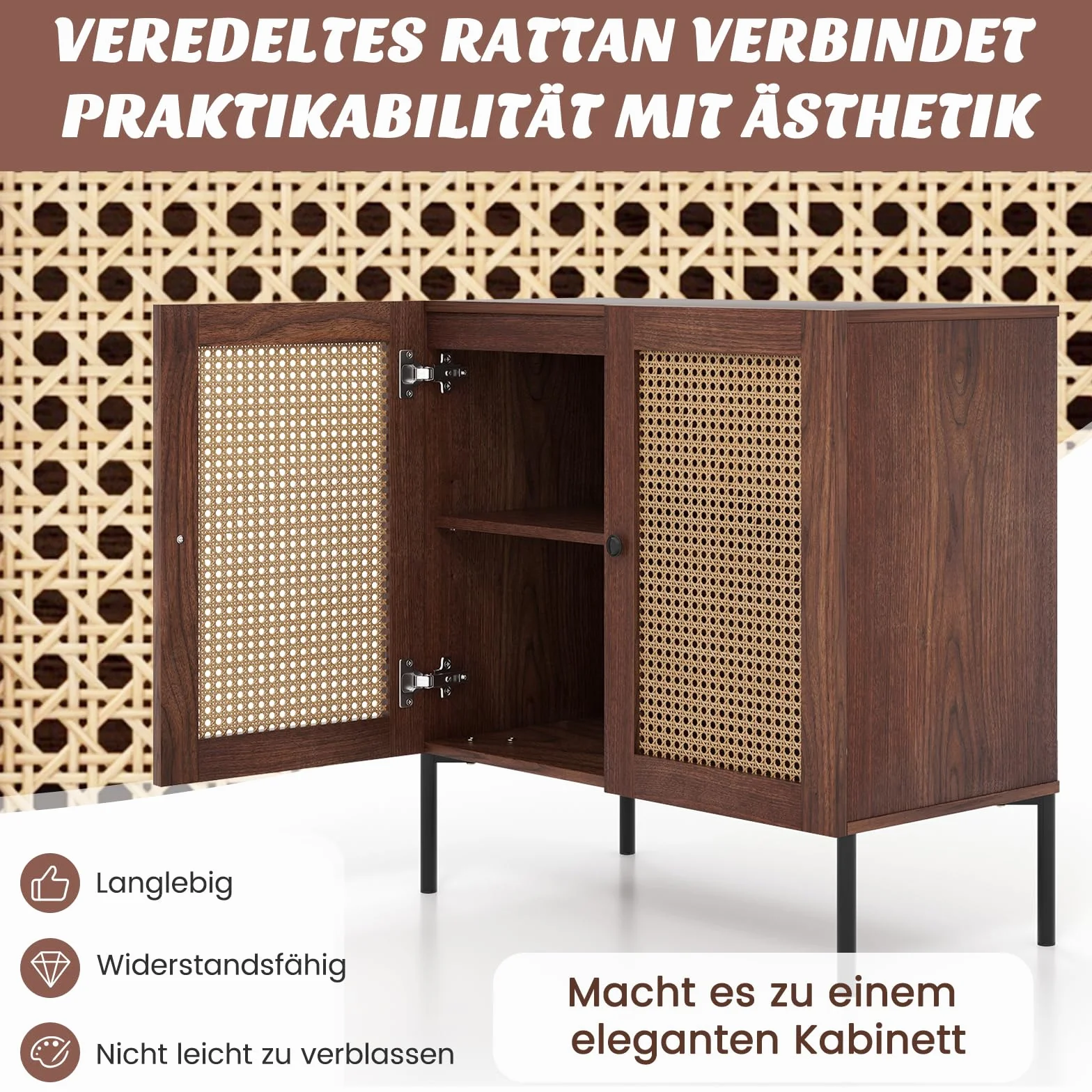 COSTWAY Kredens z 2 drzwiami rattanowymi, szafka kuchenna z drewna, 80 x 40 x 80 cm, orzech