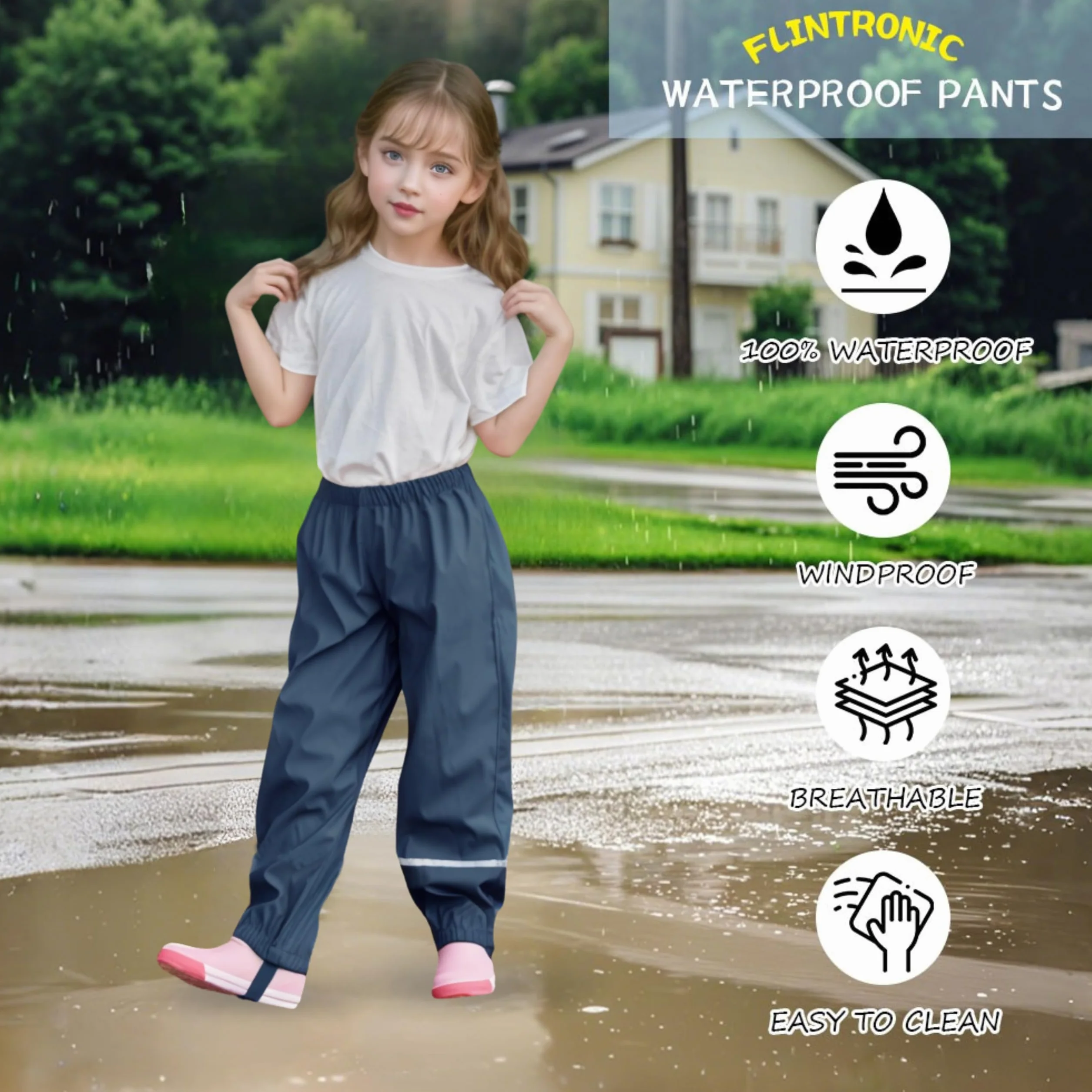 flintronic Wodoodporne spodnie dla dzieci, spodnie przeciwdeszczowe z odblaskowym paskiem, dla chłopców i dziewcząt, na zewnątrz, odporne na zabrudzenia, 1 opakowanie