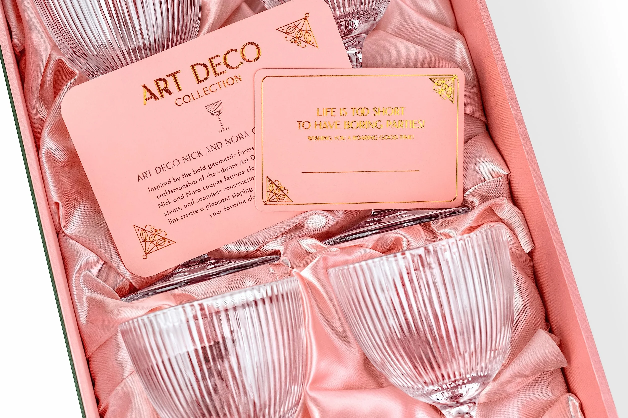 GLASSIQUE CADEAU Kieliszki Nick and Nora Coupe w stylu vintage, art deco, zestaw 4 sztuk, 150 ml, kryształowe, prążkowane kieliszki ginowe koktajlowe do picia klasycznych napojów barowych, retro