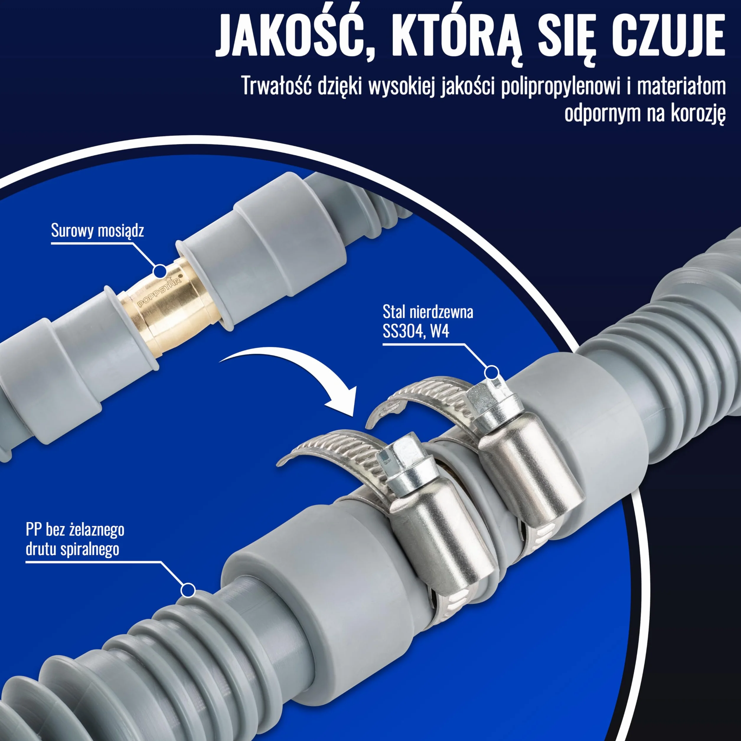 Poppstar zestaw przedłużający wąż odpływowy 3/4" elastyczny rozciągliwy 60-200 cm mosiężny złącznik 19mm