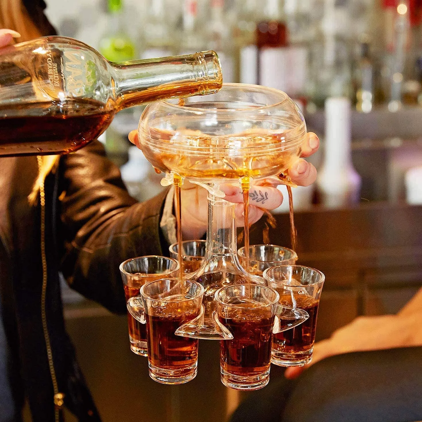 Dozownik do kieliszków z 6 kieliszkami 45 ml, zestaw, imprezowy, akrylowy, do soków, alkoholi, cydru, whisky, ginu, koktajli, zabawne akcesoria barowe i domowe, przezroczysty