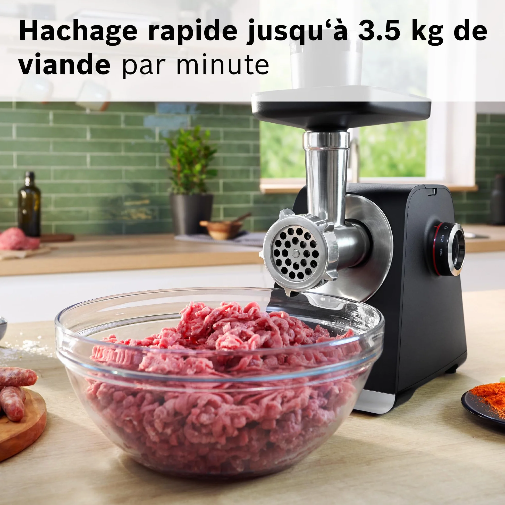 Bosch maszynka do mięsa seria 6 MFWS682B, 3,5 kg/min, wyciskarka do cytrusów, tarka, ubijak do kiełbasy, 2 tarcze perforowane (3 i 8 mm), silnika 10 J, przekładnia planetarna, czarna