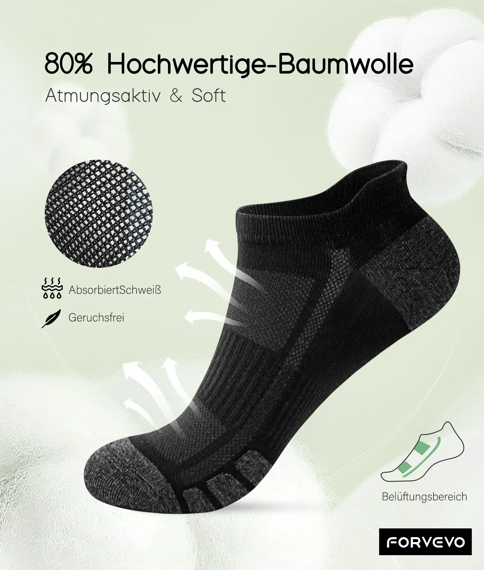 FORVEVO 10 Paar Sneaker Socken Herren Damen, Baumwolle Sportsocken, Atmungsaktive Laufsocken Kurz