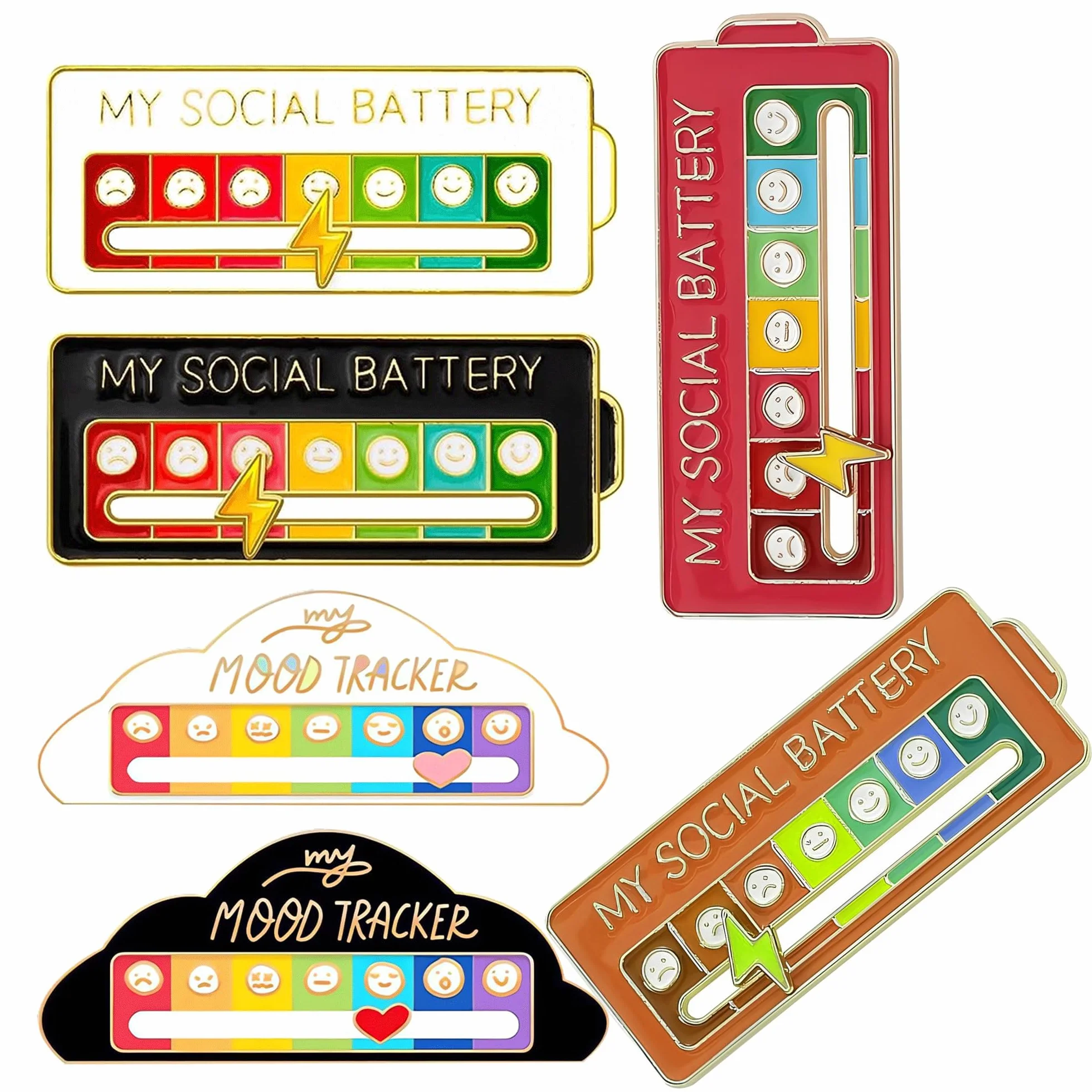 My Social Battery Pins, 6 szt. broszka do konwersji nastroju, przypinka do baterii społecznej, przypinka z przesuwaną regulowaną zabawną społeczną plakietką na baterię, kreatywny śledzenie nastroju,
