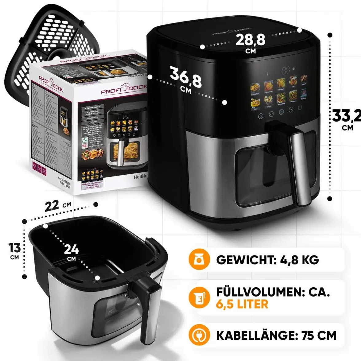 Proficook, Frytownica na gorące powietrze 6,5 l 1700 W PC-FR1286H - ​​Stal nierdzewna, 9 programów automatycznych, Oszczędzanie energii, Automatyczne wyłączanie, Zimny ​​uchwyt