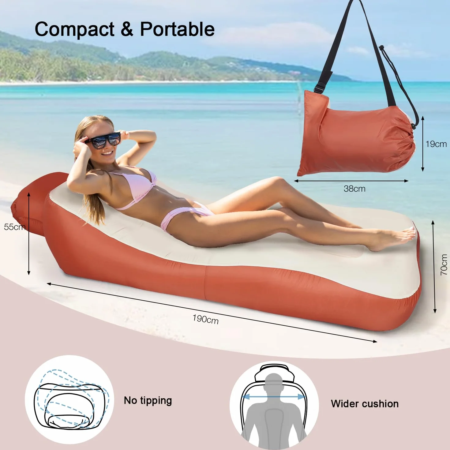 Nadmuchiwana sofa powietrzna, lekka, przenośny, nadmuchiwany leżak z torbą do przenoszenia, wodoodporna, dmuchana sofa kempingowa, na plażę, basen, festiwal muzyczny, czerwony i beżowy