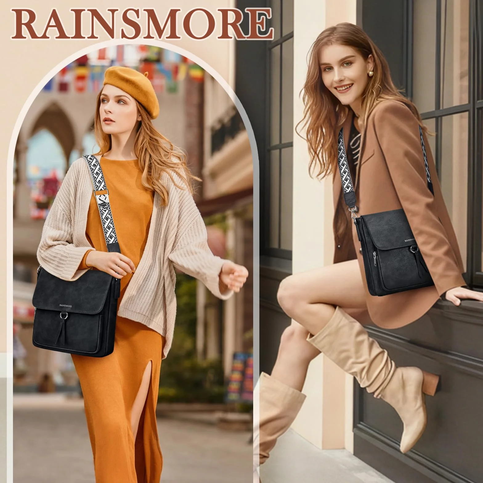 RAINSMORE Torba na ramię damska skóra PU damskie torby na ramię średnia torba crossbody damskie torebki i torby na ramię z regulowanym szerokim paskiem