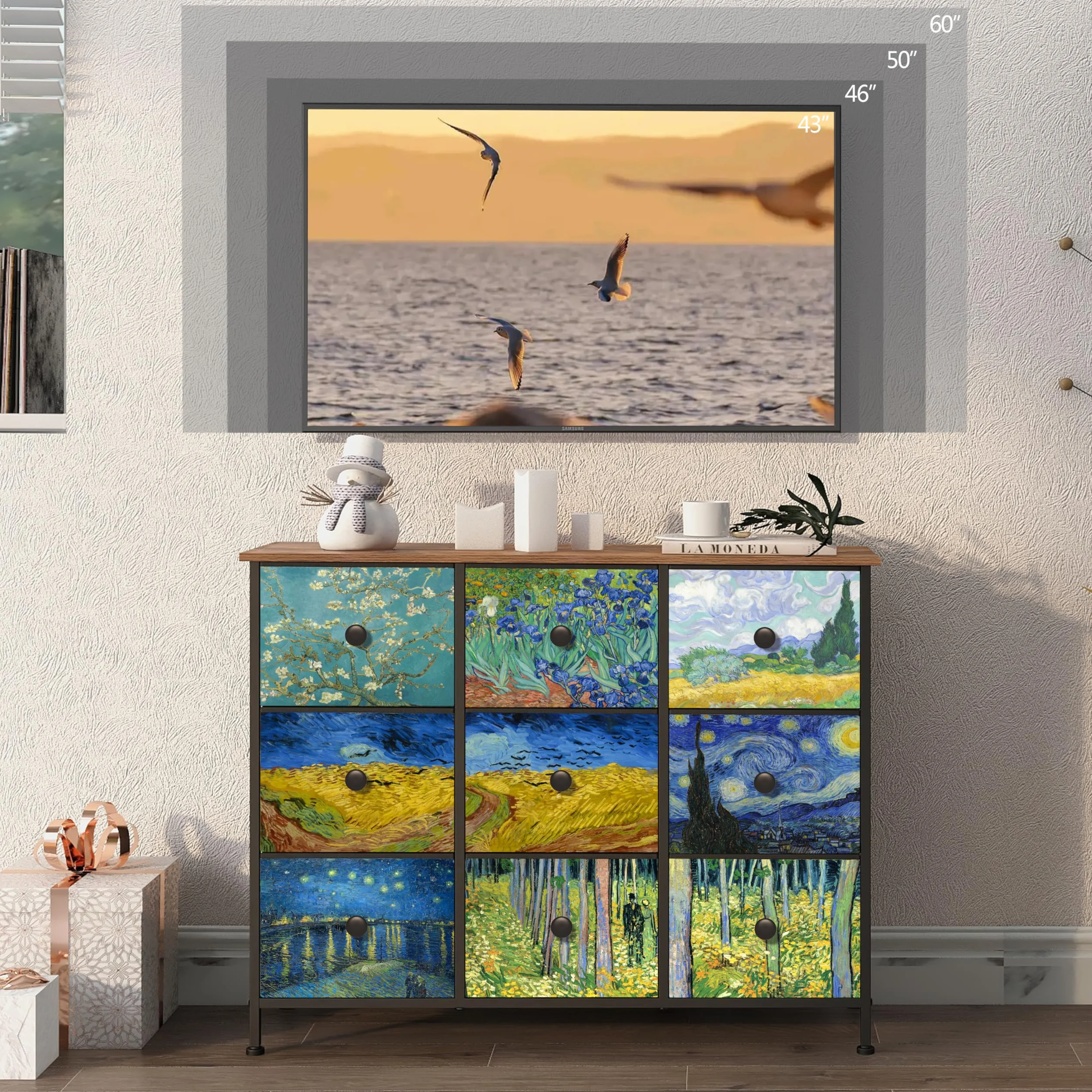 VEDECASA Van Gogh komoda z szufladami, 9 szuflad z materiału, z uchwytami, do szafy, salonu, pokoju dziecięcego, metalowa rama, płyta drewniana, komoda z materiału