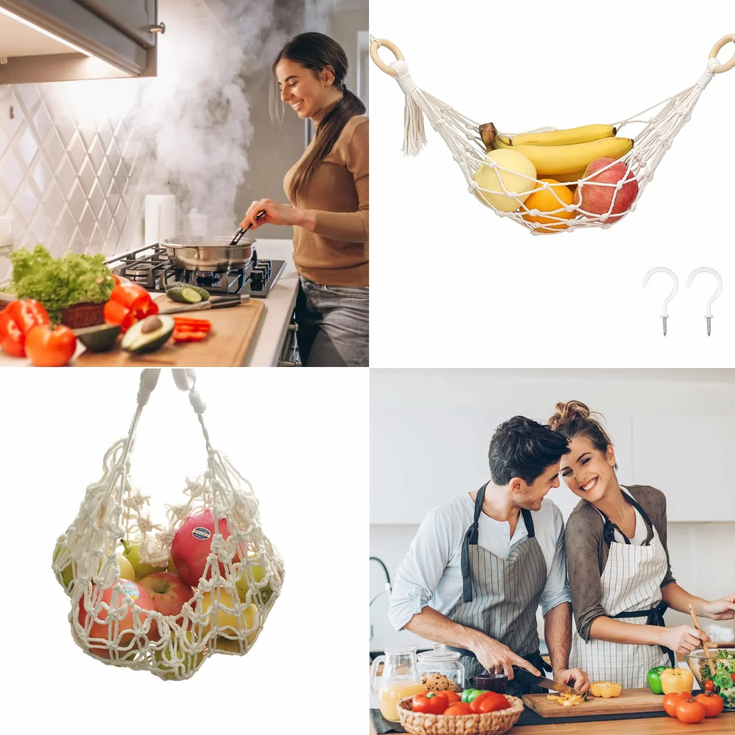 Uchwyt na owoce siatka 66 cm wiszący kosz na owoce warzywa hamak pod szafką kosz bananowy 100% bawełna ręcznie tkany z 2 haczykami śrubowymi do przechowywania w kuchni domu kamperów