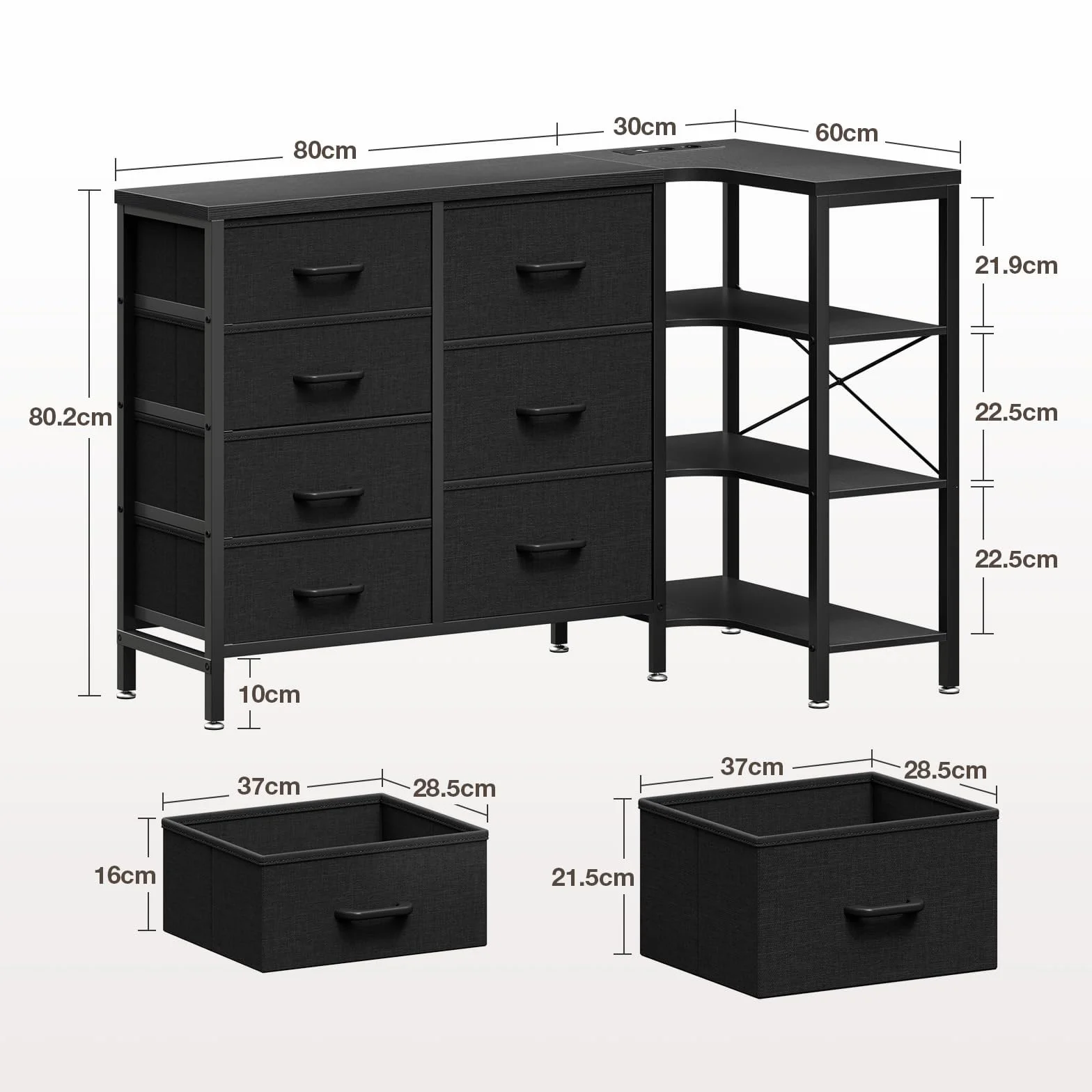 Coleshome Komoda narożna z 7 szufladami, 2 gniazda USB, 2 gniazda AC, LED, czarna