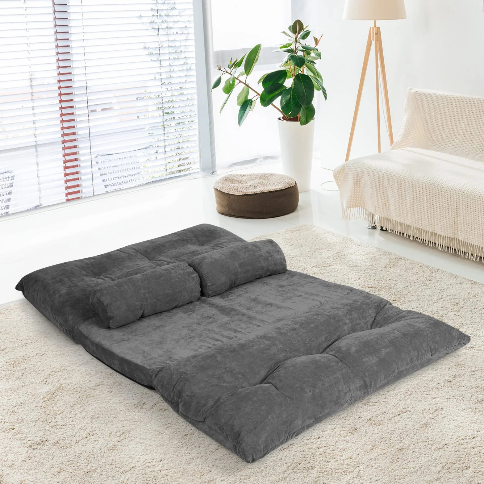 LIFEZEAL Sofa do spania 2-osobowa, składana sofa podłogowa, fotel podłogowy, regulowany w 6 pozycjach, poduszka do siedzenia z 2 poduszkami lędźwiowymi, do 150 kg, składana sofa do salonu (kolor szary