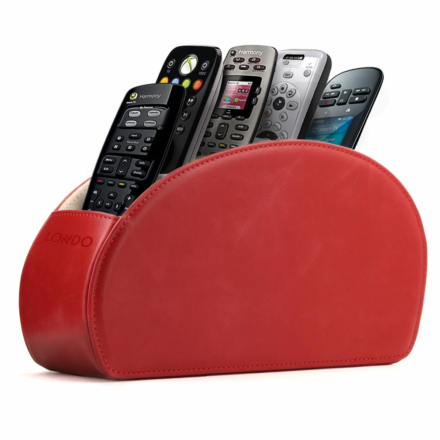 Londo Stojak na piloty z 5 przegródkami, DVD, Blu-Ray, TV, kanał Hi-FI, Roku lub Apple TV, skóra z zamszową podszewką, niewielkie obciążenie do salonu lub sypialni (czerwony)