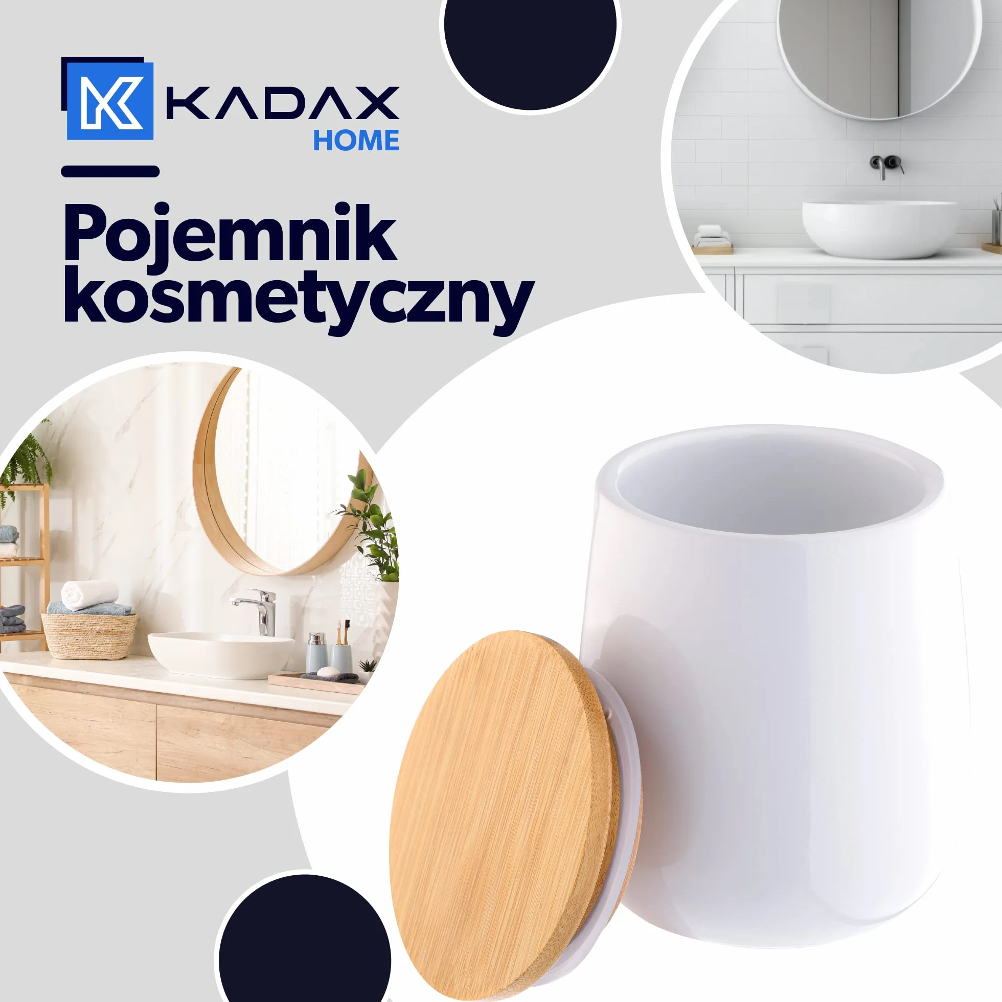 KADAX Pojemnik łazienkowy ceramiczny biały z bambusową pokrywką, szczelne zamknięcie ogranicza wilgoć, zmywalna powierzchnia, na waciki kosmetyczne, patyczki i drobiazgi do łazienki