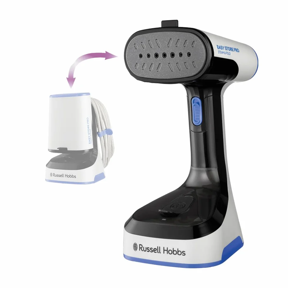 Russell Hobbs parownica do ubrań, mocna 1500W, składana i antybakteryjna, Steam Genie Easy Store, dezynfekuje, szybko się nagrzewa, zbiornik 150ml, dysza do tkanin, idealna w podróży, 26740-56