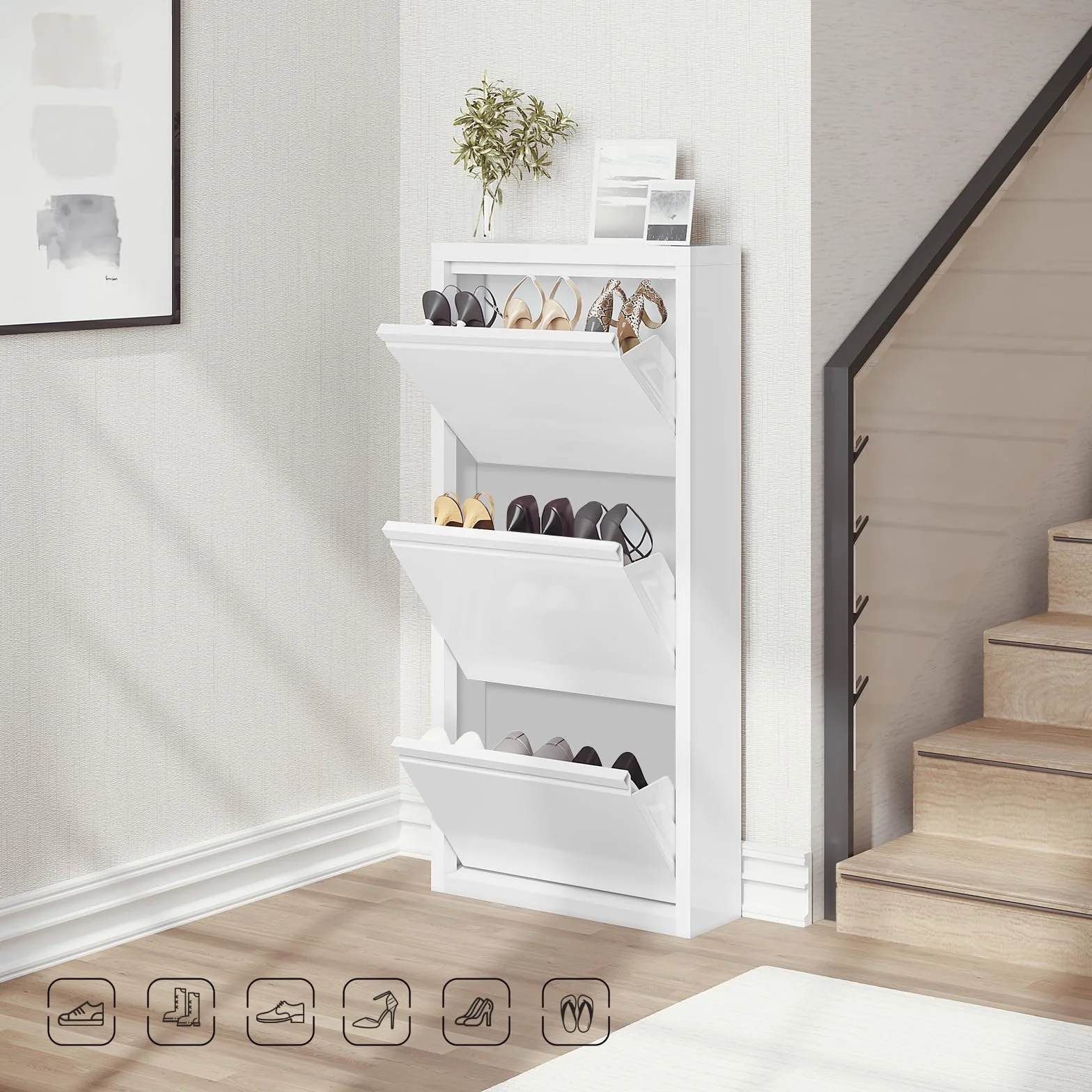 WOLTU SRX41ws szafka na buty z 3 klapkami zamykana wąska metalowa 50x106x15 cm biała