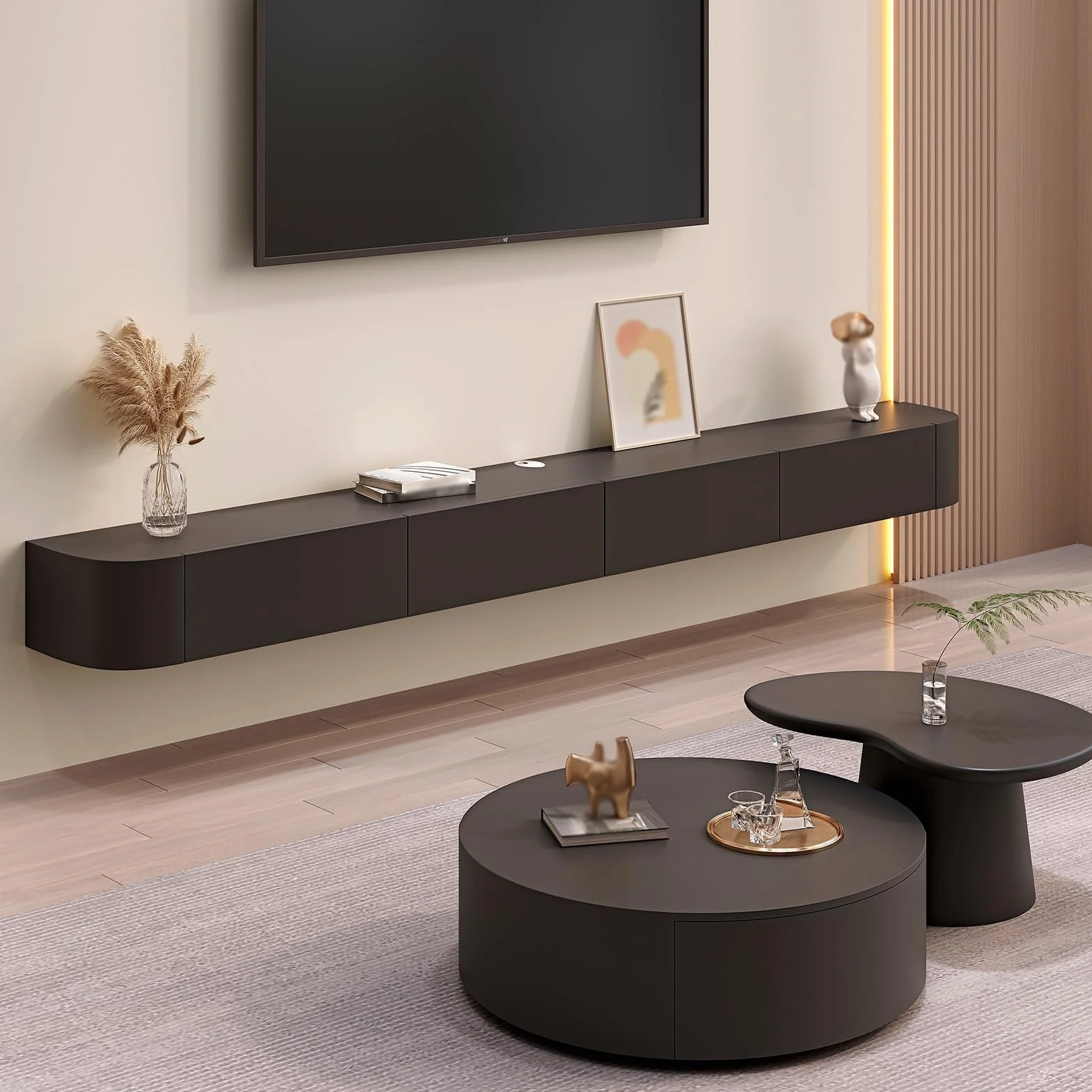 Solid Wood Wall-Mounted TV Storage Cabinet z Szafkami 160cm Czarny