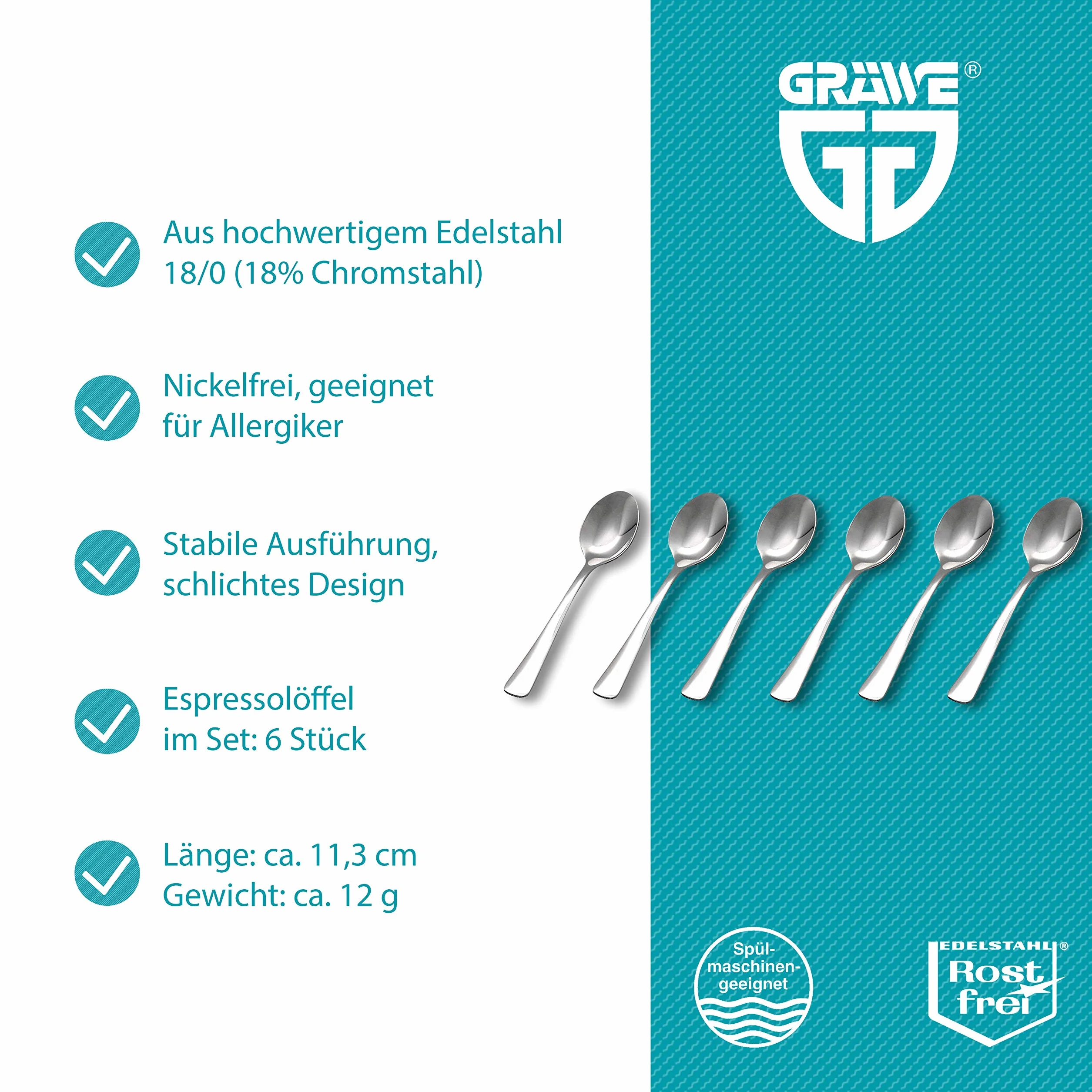 Gräwe Seria Würzburg Łyżeczki Do Espresso Ze Stali Nierdzewnej 6 Sztuk Srebrna