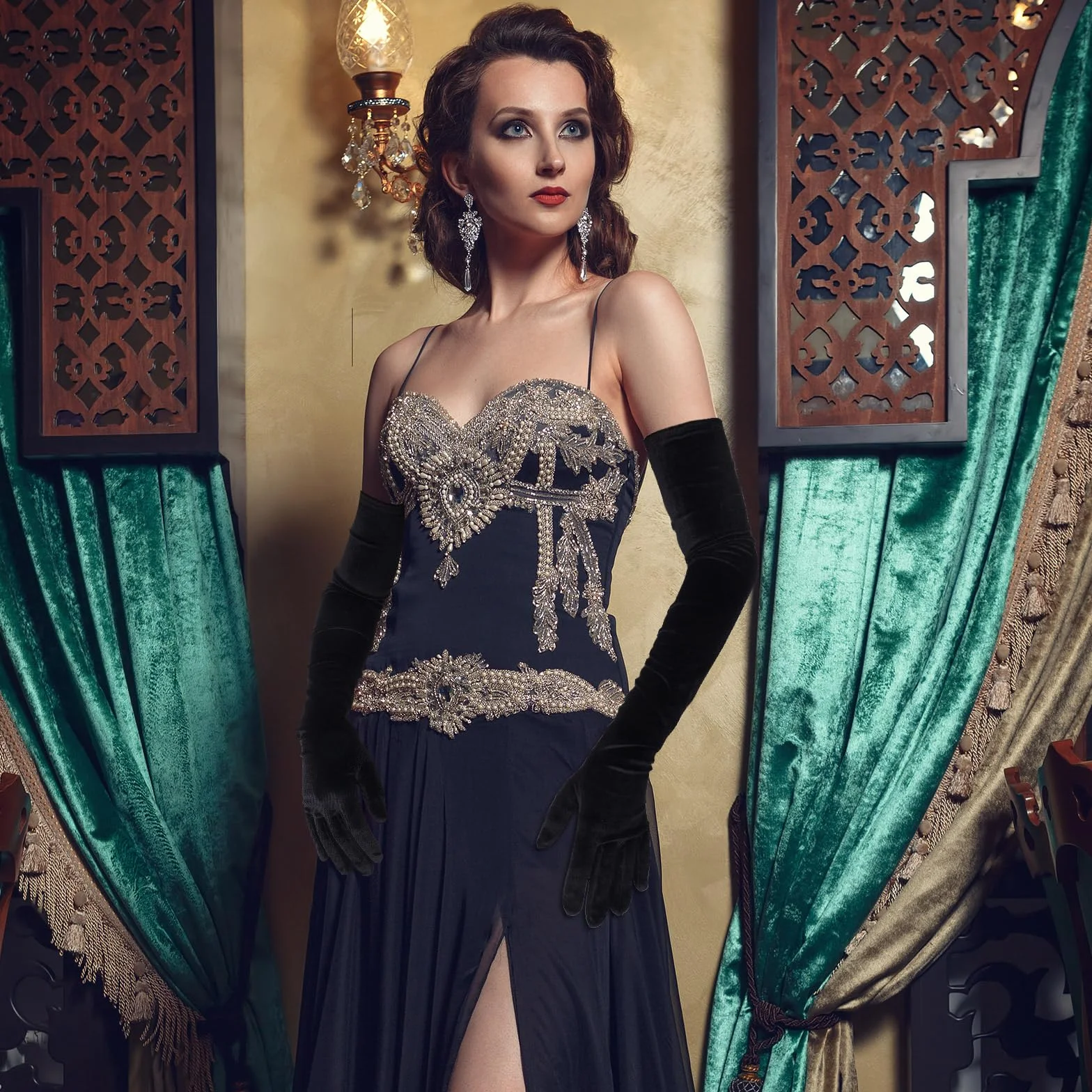 DIVINA VITAE Czarne aksamitne rękawiczki z lat 20-tych z satyny, nowoczesne eleganckie rękawiczki ślubne na kolację w operze
