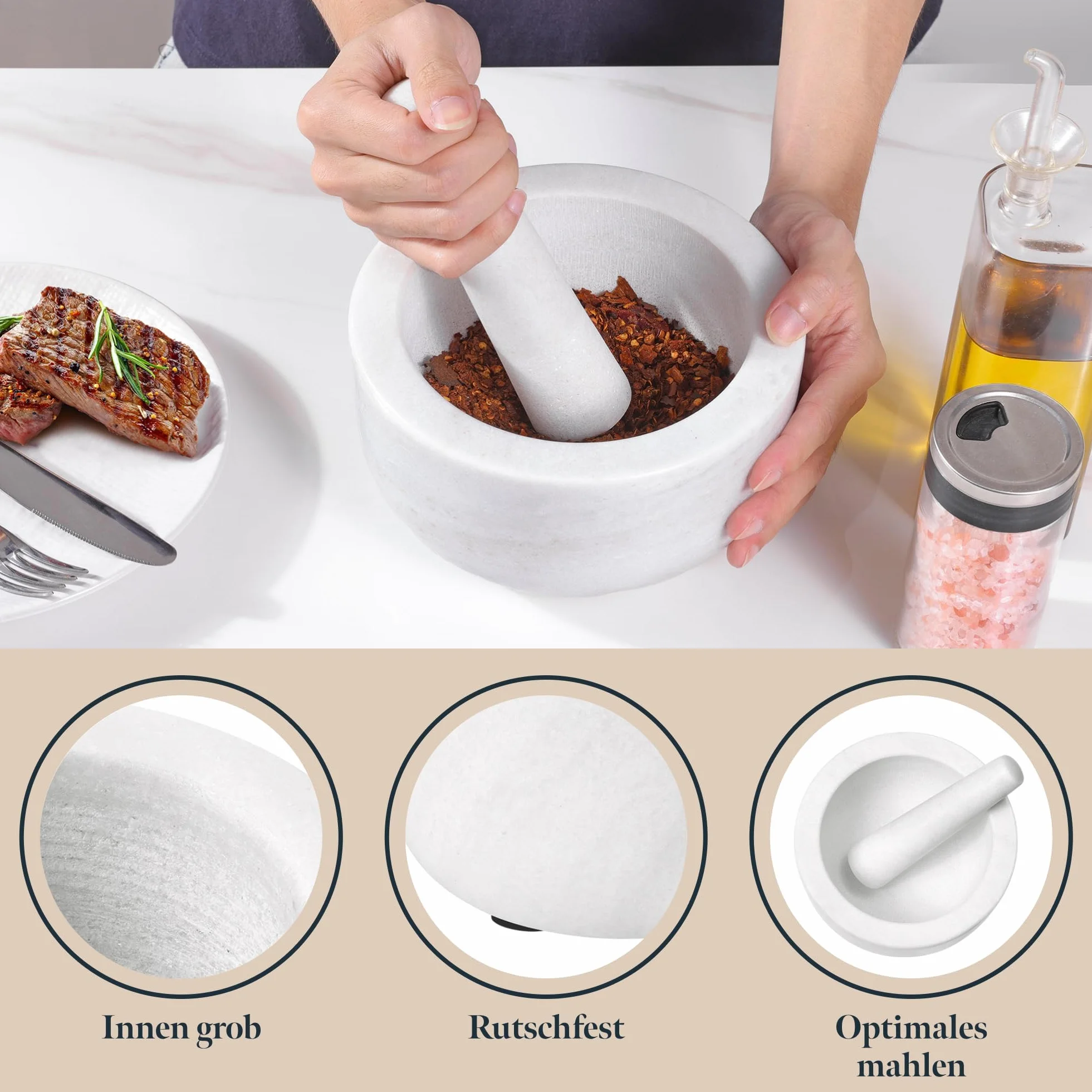 Zestaw moździerz z tłuczkiem z marmuru - 18 x 18 x 10cm - 800ml Mały moździerz z tłuczkiem - Mortar and Pestle do przypraw Salsa Pesto - Biały
