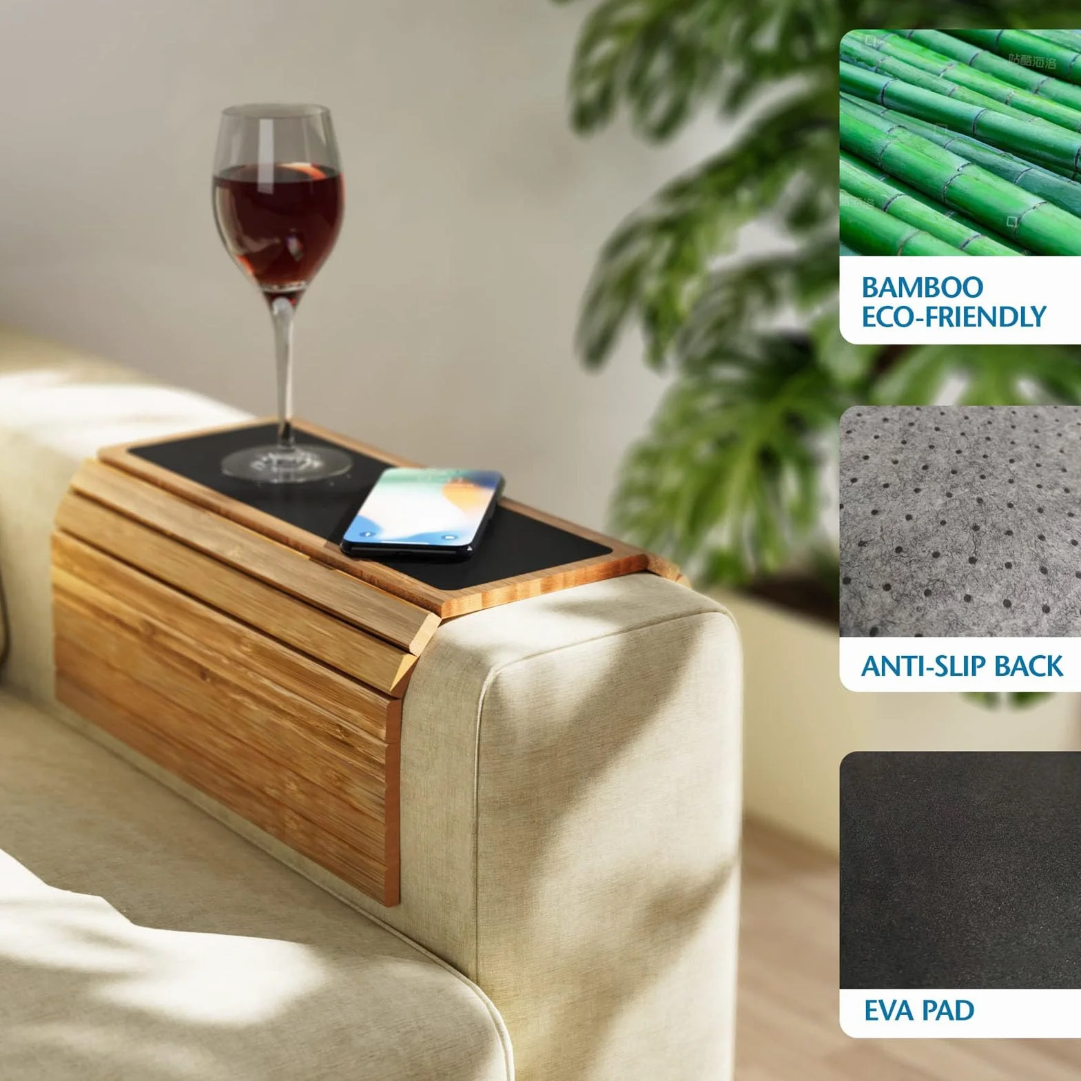 Sofa Taca na Ramieniu, Solidne Drewniane Paski na kanapę stół Podłokietnik Uchwyt Kubka, Sofa na sofę Taca na przekąskę Zdalna Telefon Herbata Kawa Napój Kolejka z podkładką Eva