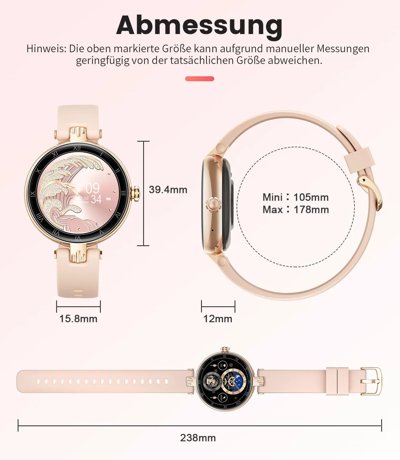 ESFOE Smartwatch damski z funkcją telefonu 1,16" AMOLED Always-On-Display, zegarek na rękę SML18