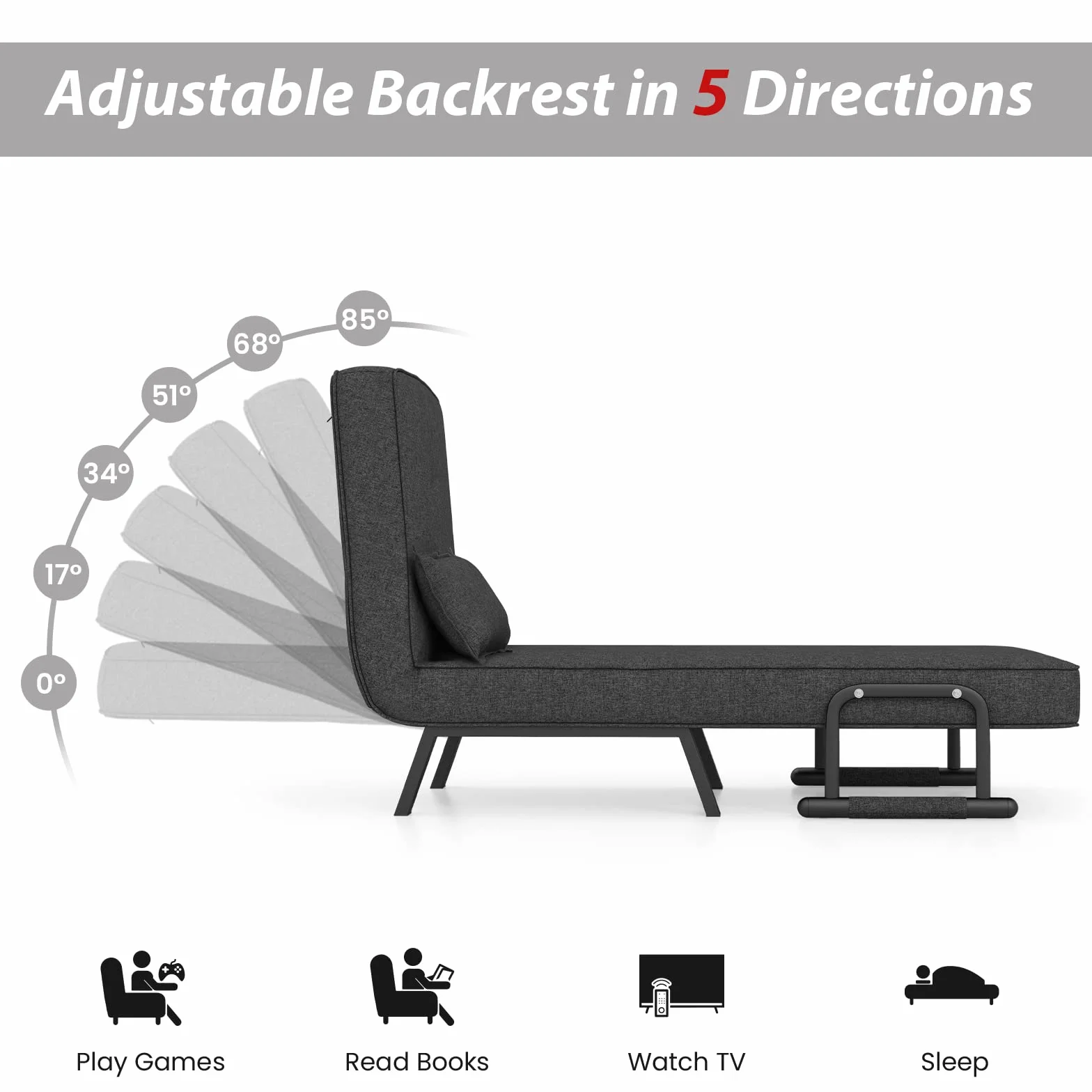LIFEZEAL Sofa Składana Wielofunkcyjna do Spania - Fotel z 5-Stopniową Regulacją Oparcia, Poduszkami, 150 kg, Szary