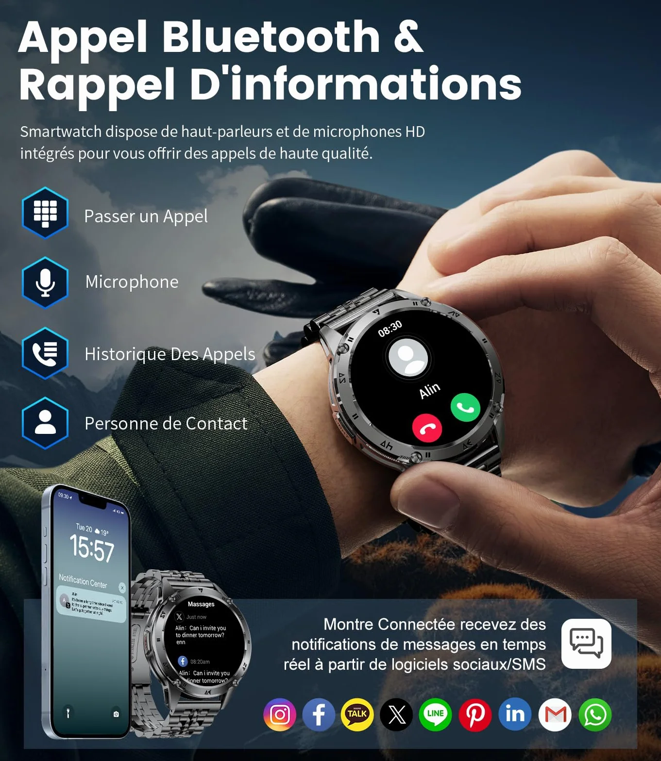 LIGE Smartwatch męski 1,43" AMOLED ekran dotykowy / akumulator 530 mAh zegarek sportowy męski z latarką/110+ trybów sportowych, wodoszczelność IP68, zegarek fitness z pulsometrem 24/7, monitor snu dla
