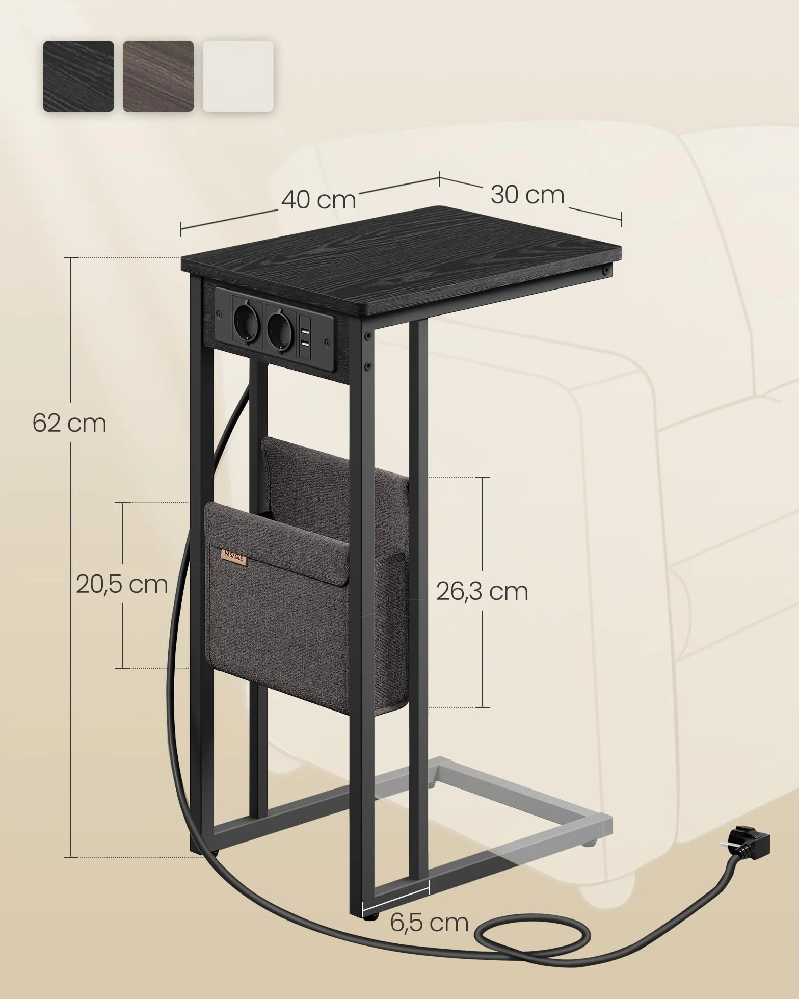 VASAGLE Stolik boczny, stolik nocny z gniazdkami, kształt C, stolik kawowy do małych przestrzeni, 2 porty USB, 2 gniazda AC, torba do przechowywania, regulowane nogi, heban LET356B02V1