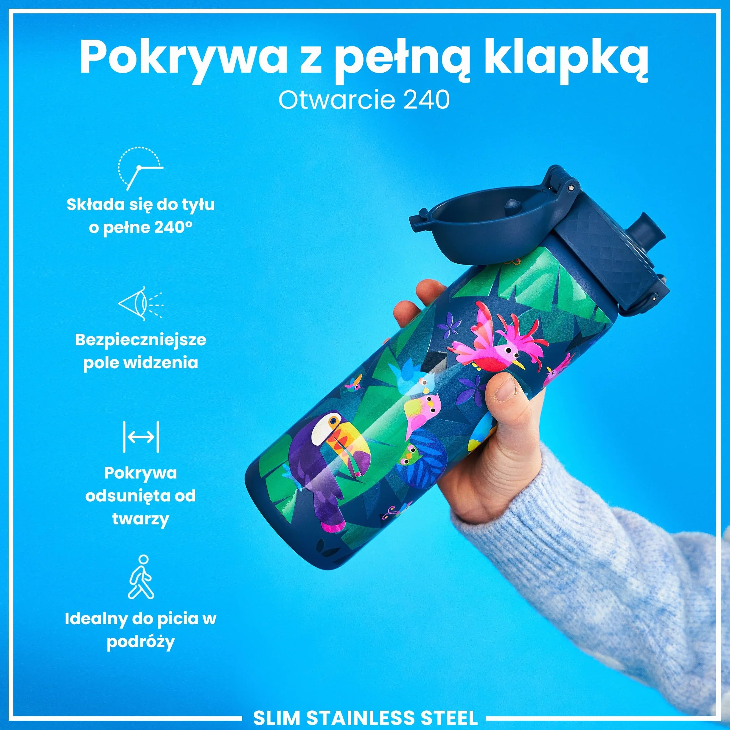 ION8 Butelka na Wodę ze Stali 600 ml Nieocieplany Szczelna Łatwe Otwieranie Bezpieczny Zamek
