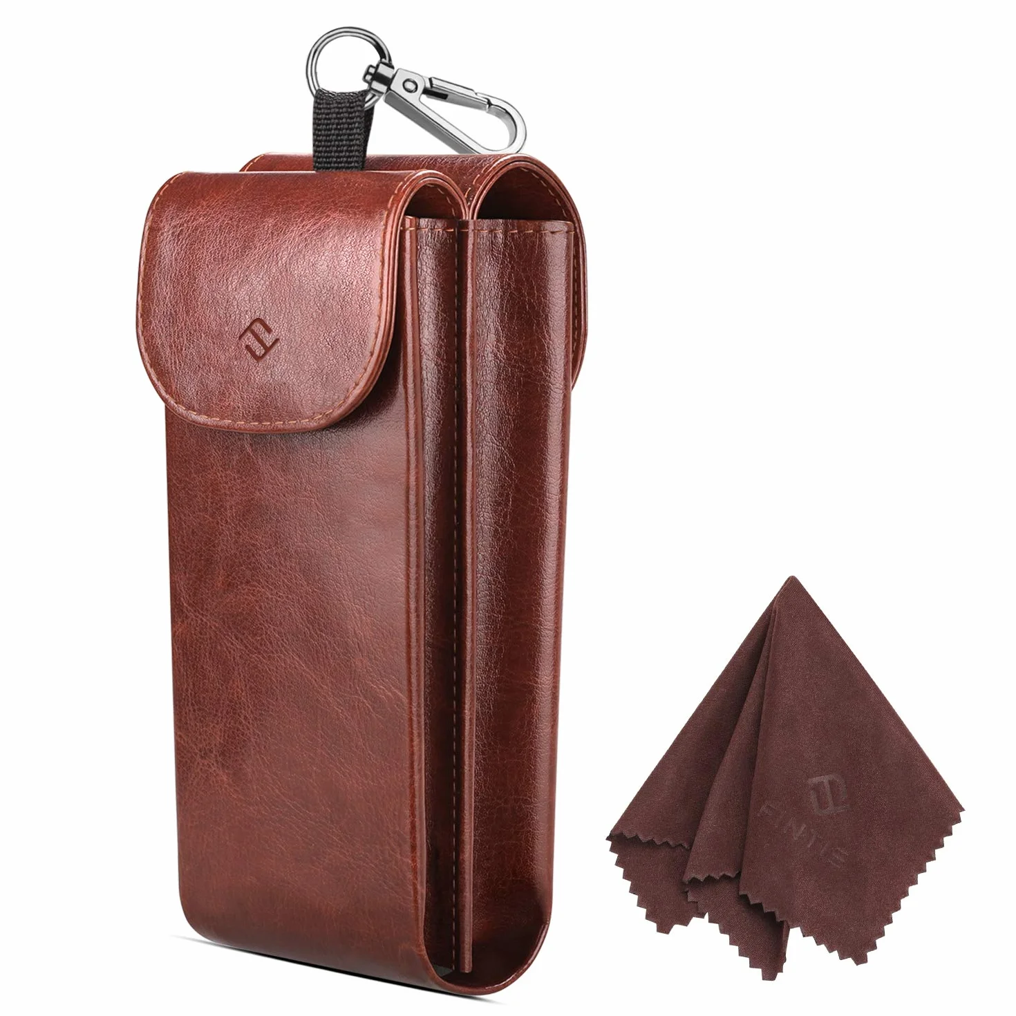 Fintie etui na 2 pary okularów z karabińczykiem, przenośne etui na okulary ze sztucznej skóry, odporne na zarysowania etui na okulary przeciwsłoneczne, brązowy, l