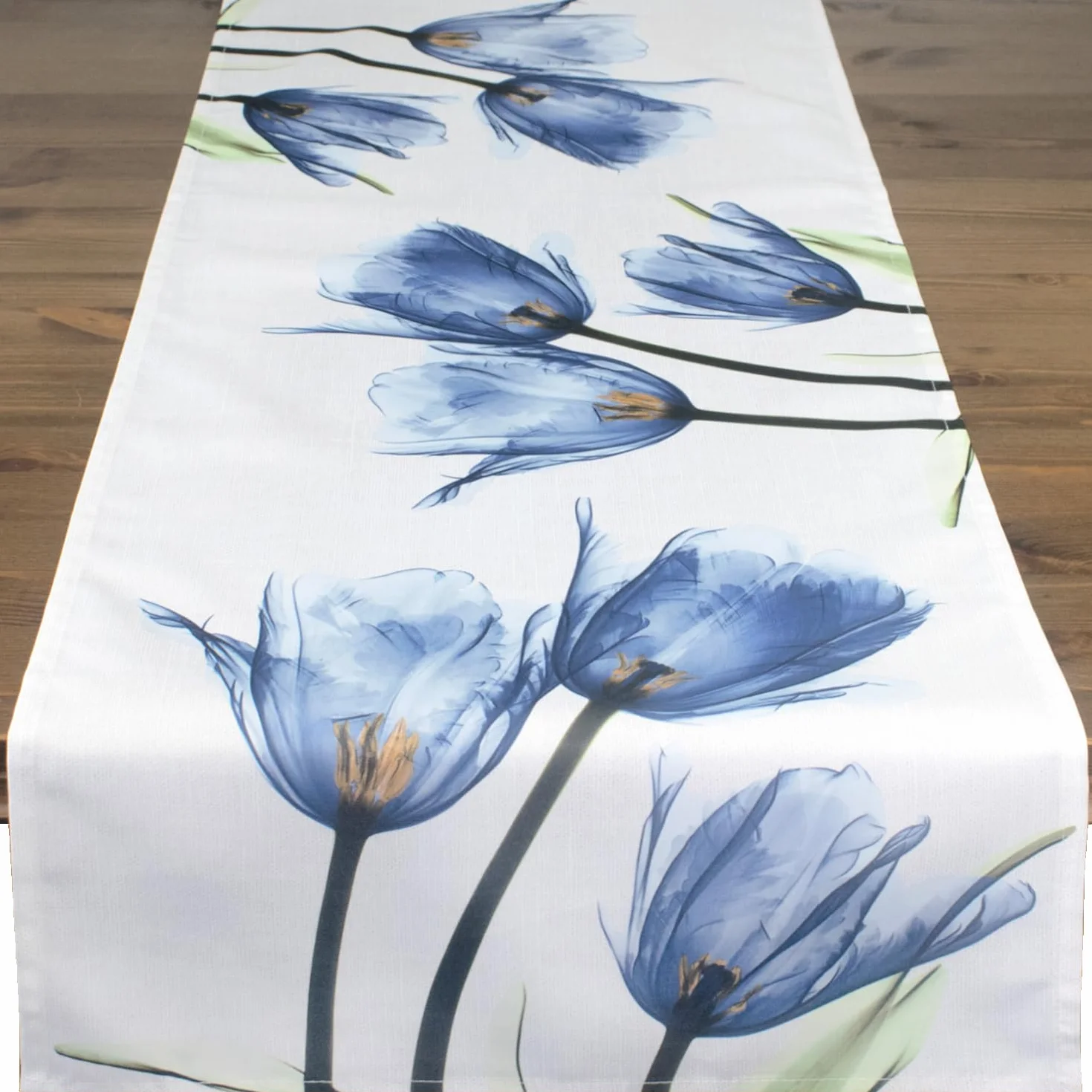 Bieżnik na stół 40x140 cm, tulipany, niebieski, beżowy kremowy, nowoczesny nadruk, na wiosnę i lato