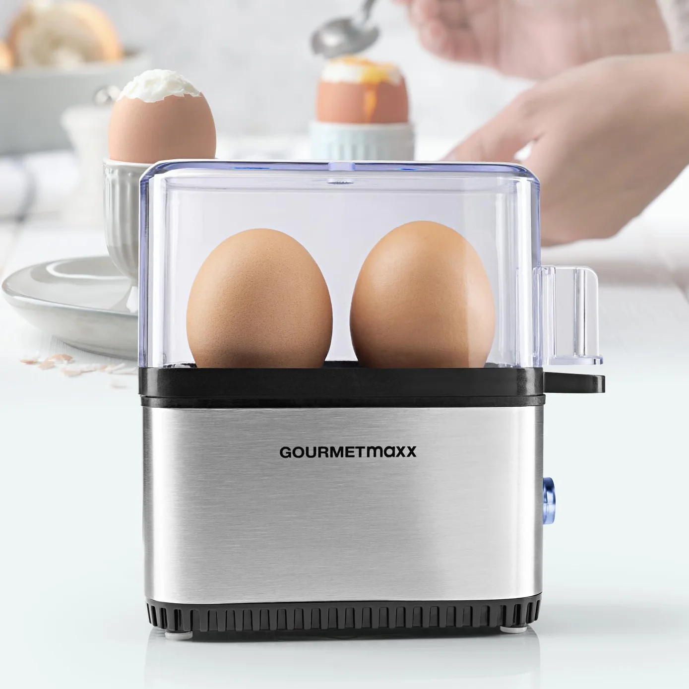 GOURMETmaxx Jajowar na 2 jajka | Elektryczna, energooszczędna kuchenka do jajek z łatwą obsługą zapewnia idealne jajka śniadaniowe, z miarką i pickiem do jajek, kompaktowa konstrukcja, bez BPA [stal
