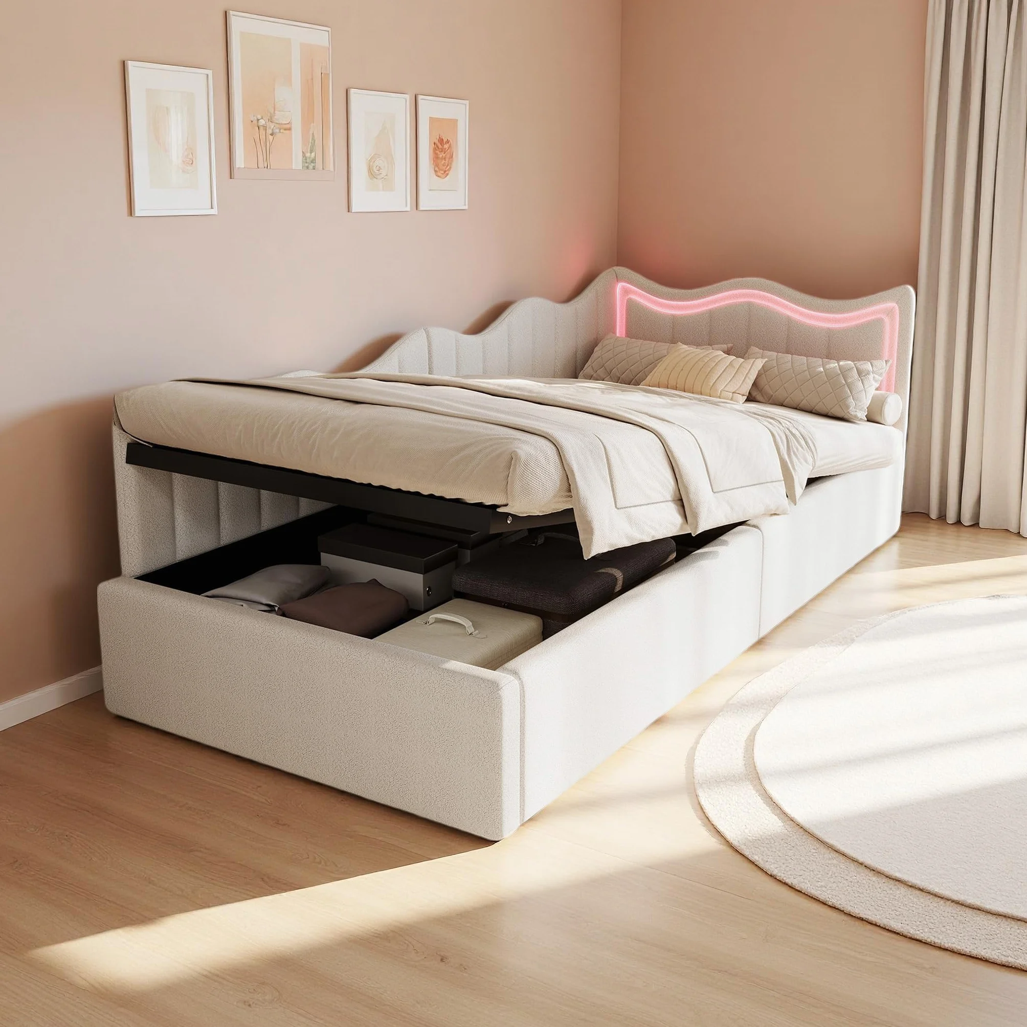 Łóżko 90 x 200 z hydraulicznym miejscem do przechowywania, sofa łóżko ze światłem LED, tapicerowane łóżka z łóżkiem na listwach, łóżka dla dzieci 90 x 200 z zagłówkiem, aksamitne Teddy, białe