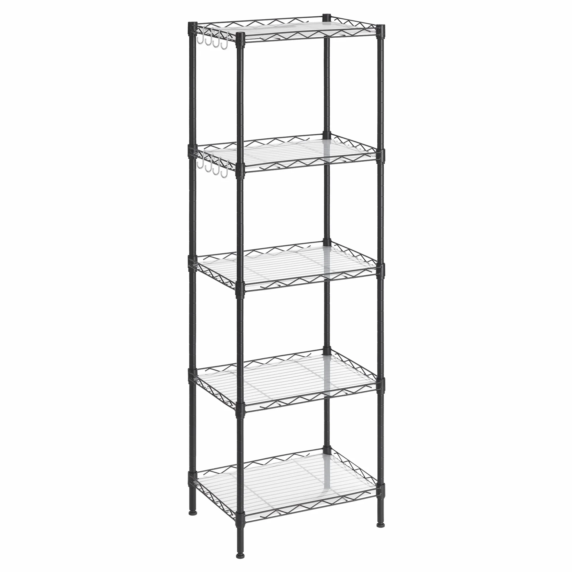 SONGMICS Półka Kuchenna Metalowa, Stojąca, Łazienkowa z 4 Haczykami, Panele PP, Regulowane Półki, Wytrzymuje do 100 kg, Do Małych Pomieszczeń i Łazienki, Czarna LGR115B01