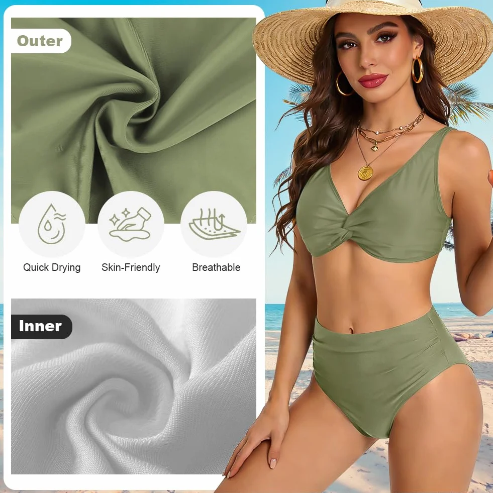 Damski zestaw bikini z wysokim stanem, stroje kąpielowe Twist Front, dekolt w serek, wyściełane dwuczęściowe stroje kąpielowe, kontrola brzucha, marszczone kostiumy kąpielowe, seksowne ubrania