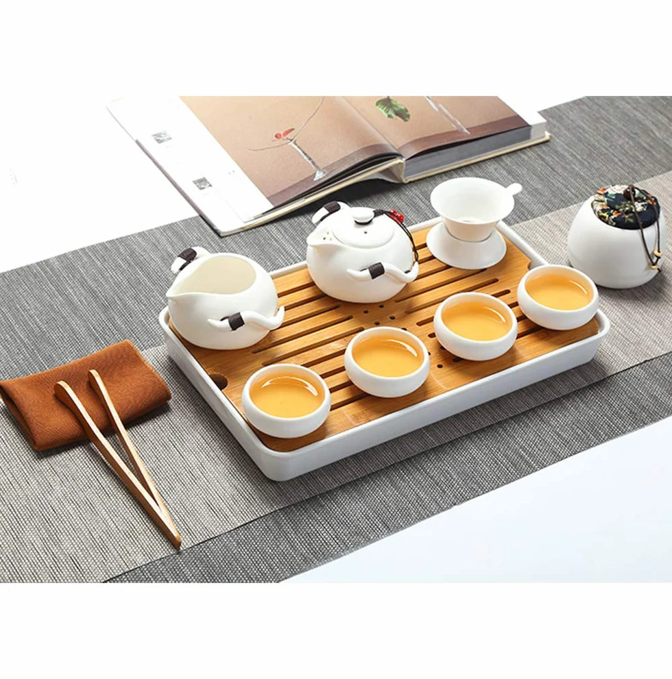 Przenośny zestaw do herbaty kungfu, porcelanowy czajniczek, filiżanki, bambusowa taca z torbą podróżną, biały